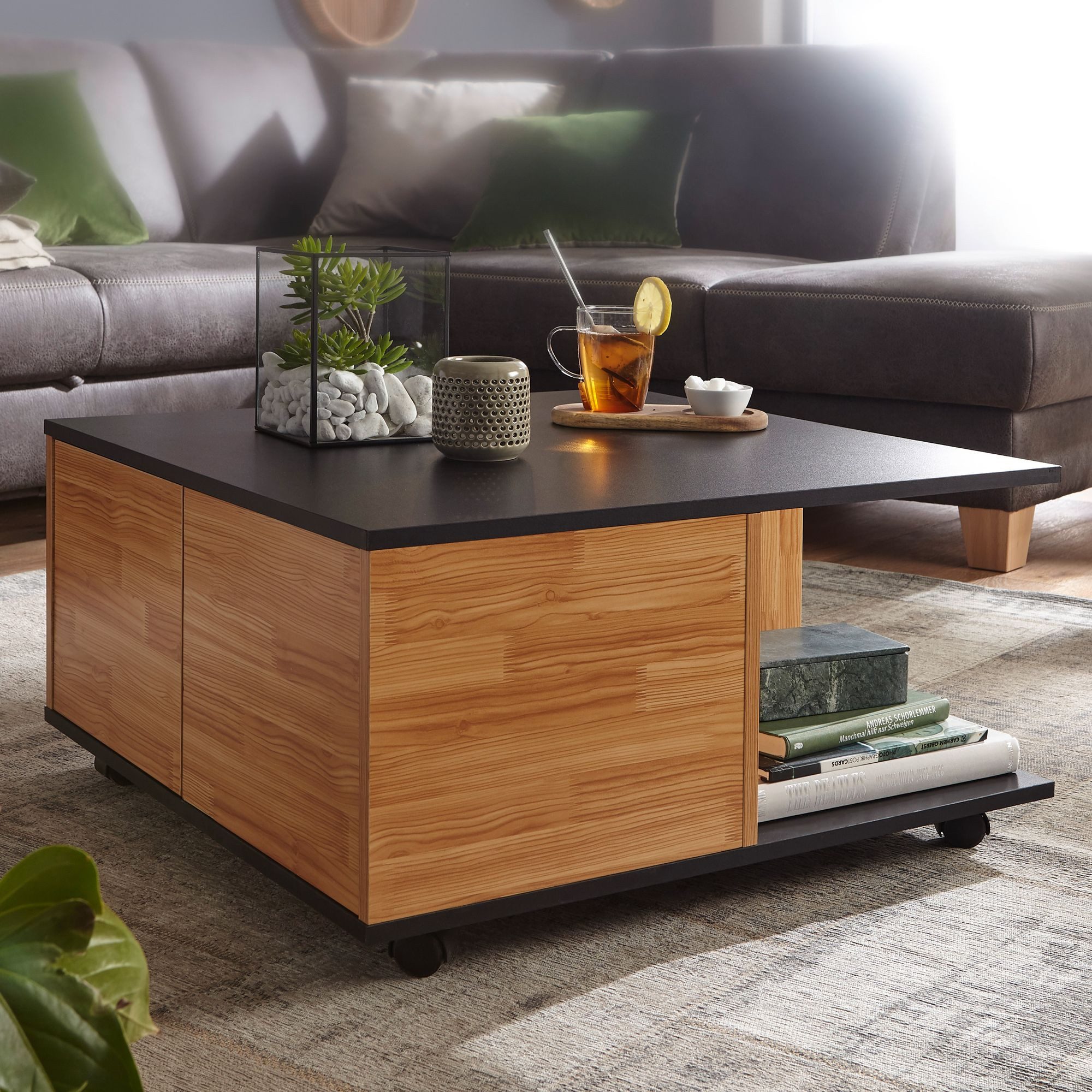 FINEBUY Couchtisch SuVa19138_1 70x70cm Wohnzimmertisch Sofatisch Tisch mit 2 Schubladen (70x70 cm Anthrazit / Sandeiche, Sofatisch Eckig), Wohnzimmertisch mit 2 Schubladen, Tisch mit Rollen