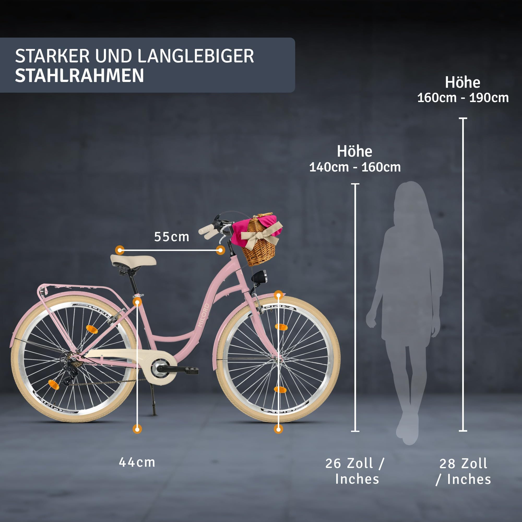 Milord Cityrad Milord City Fahrrad Weidenkorb Damen, 28/26 Zoll, Rosa-Creme, 7-Gang, 7 Gang, (Fahrradständer, Gepäckträger, Klingel, Korb, Kotflügel)