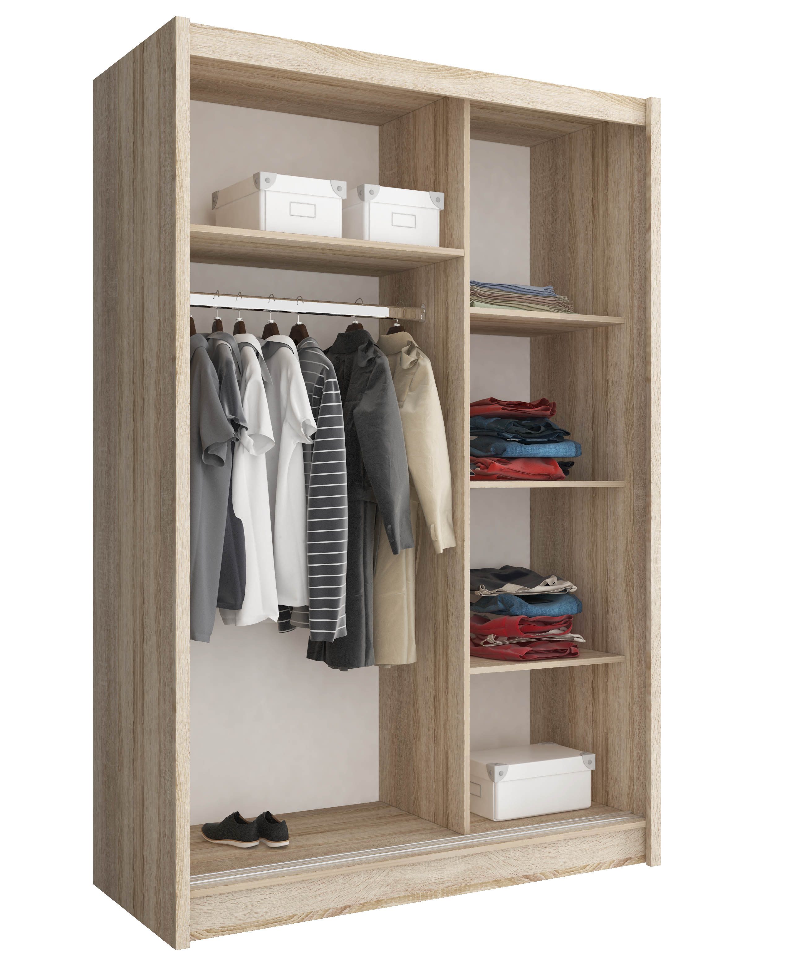 MOEBLO Kleiderschrank Borneo A1 (Wohnzimmerschrank 2-türig Schrank Gaderobe Schiebtüren, mit Spiegel Schwebetürenschrank mit Einlegeböden und Kleiderstange) (BxHxT): 130x200x60cm