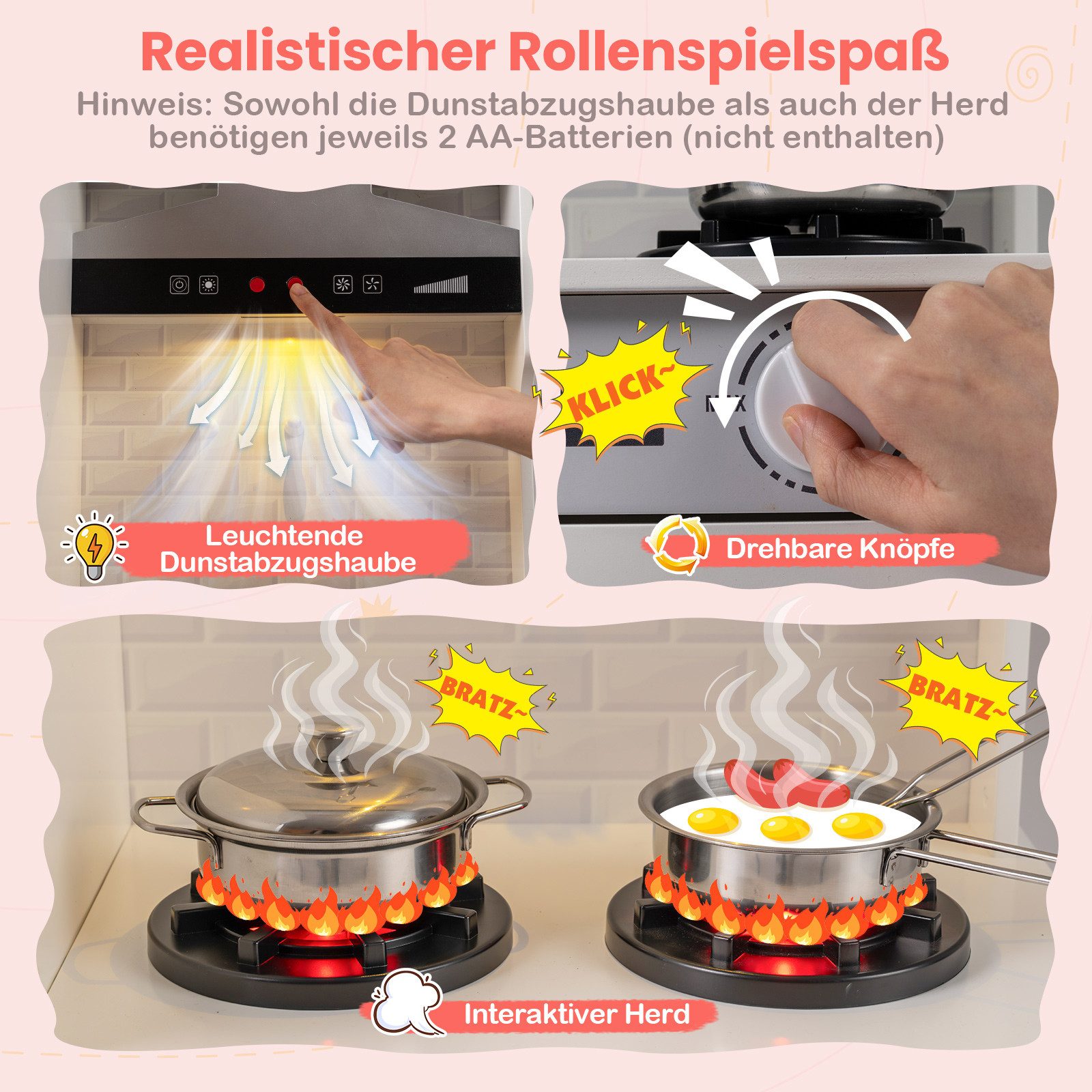 COSTWAY Spielküche MDF, Doppelseitige Kinderküche mit Dunstabzugshaube & Mikrowelle
