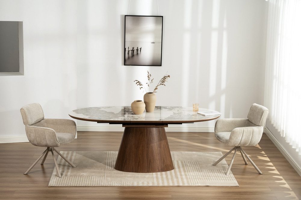 riess-ambiente Esstisch UNIQUE 160-200cm weiß / braun - Keramik, Echtholzfurnier, ausziehbar (Einzelartikel, 1-St), Ovaler Tisch · Walnuss · Naturstein-Optik · Modern · 8 Personen
