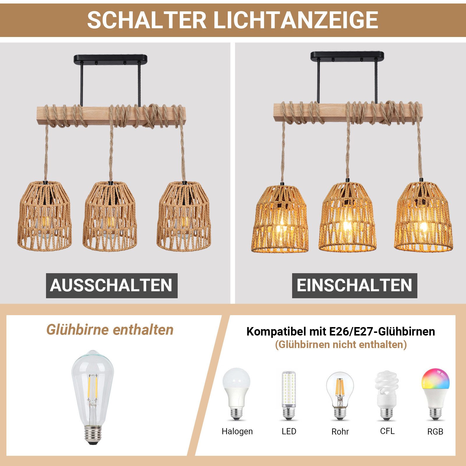 MUPOO Hängeleuchten 3 Köpfe Kronleuchter mit Rattanschirm, Boho Deckenlampe Wohnzimmer, aus Rattan/Holz, mit 3 Leuchtmittel