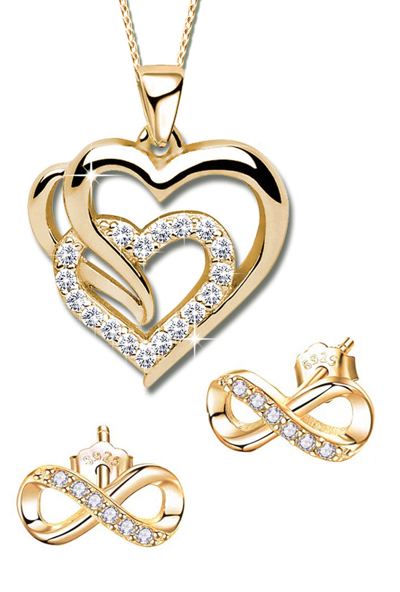Limana Schmuckset 925 Silber Gold Herz Goldkette vergoldet Kette mit Ohrrin günstig online kaufen