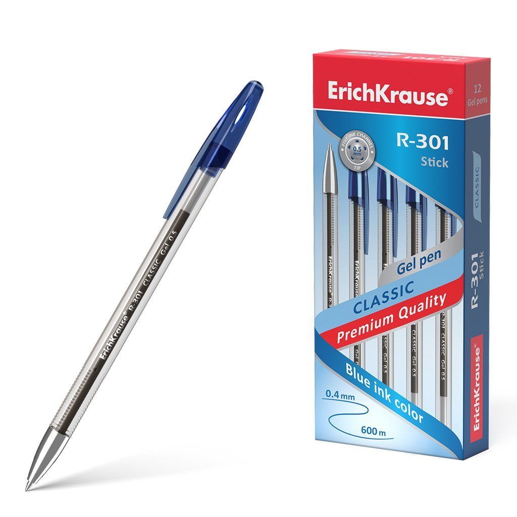 Erich Krause Gelschreiber, Kugelschreiber Gel R-301 Klar Stick 0.5 Gelstifte 12er Pack Tinte Blau