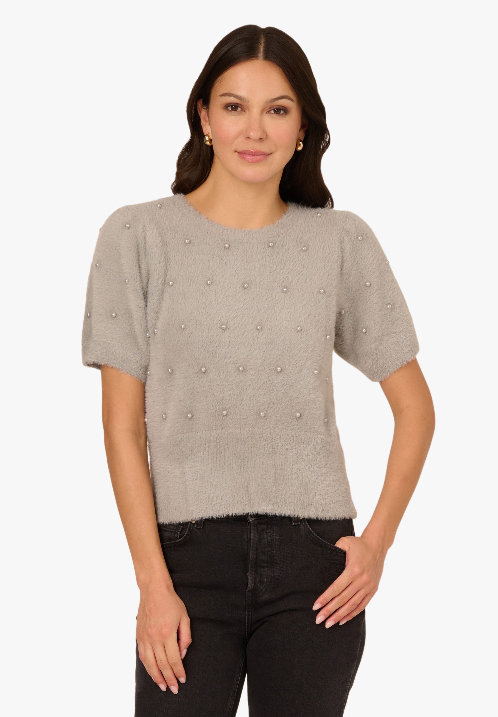 Adrianna Papell Stricktop Crew Neck Pearl Embellished Short Sleeve Fuzzy Sweater Delightfully soft short sleeve sweater