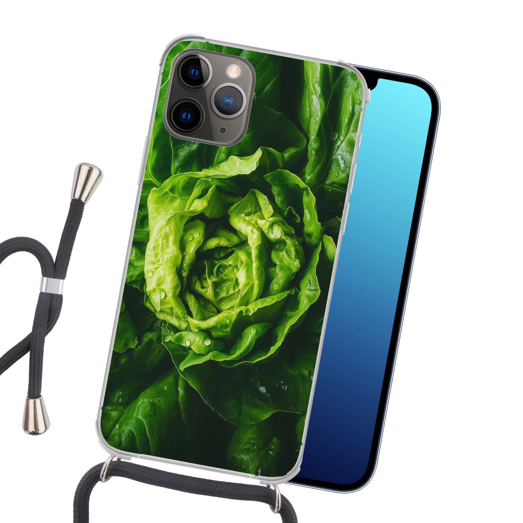 MuchoWow Handyhülle für Apple iPhone 13 Pro Gemüse - Kopfsalat - Grün, Tragbare Handyhüllen mit Kette zum umhängen, Handykette Handyband