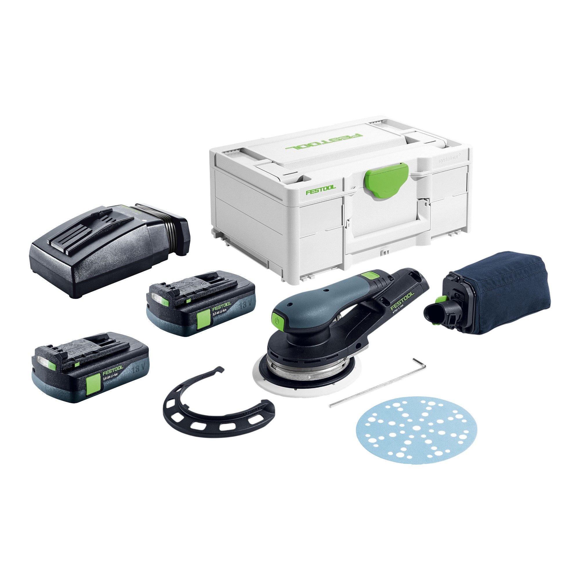 FESTOOL Exzenterschleifer ETSC 2 150-Basic 18 V 150 mm + 2x Akku 3,0 Ah + Ladegerät + Systainer