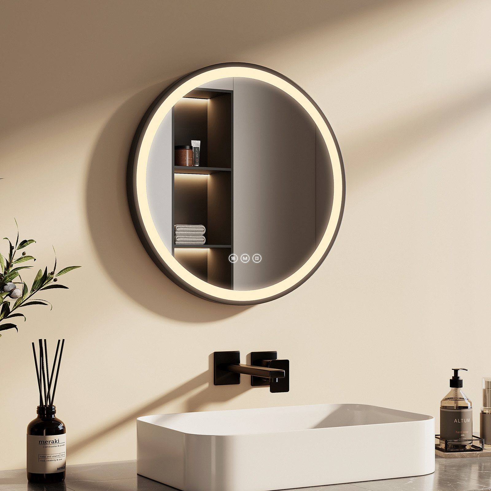 EMKE Badspiegel mit Beleuchtung Rund Badezimmerspiegel schwarzem Rahmen (Mo günstig online kaufen