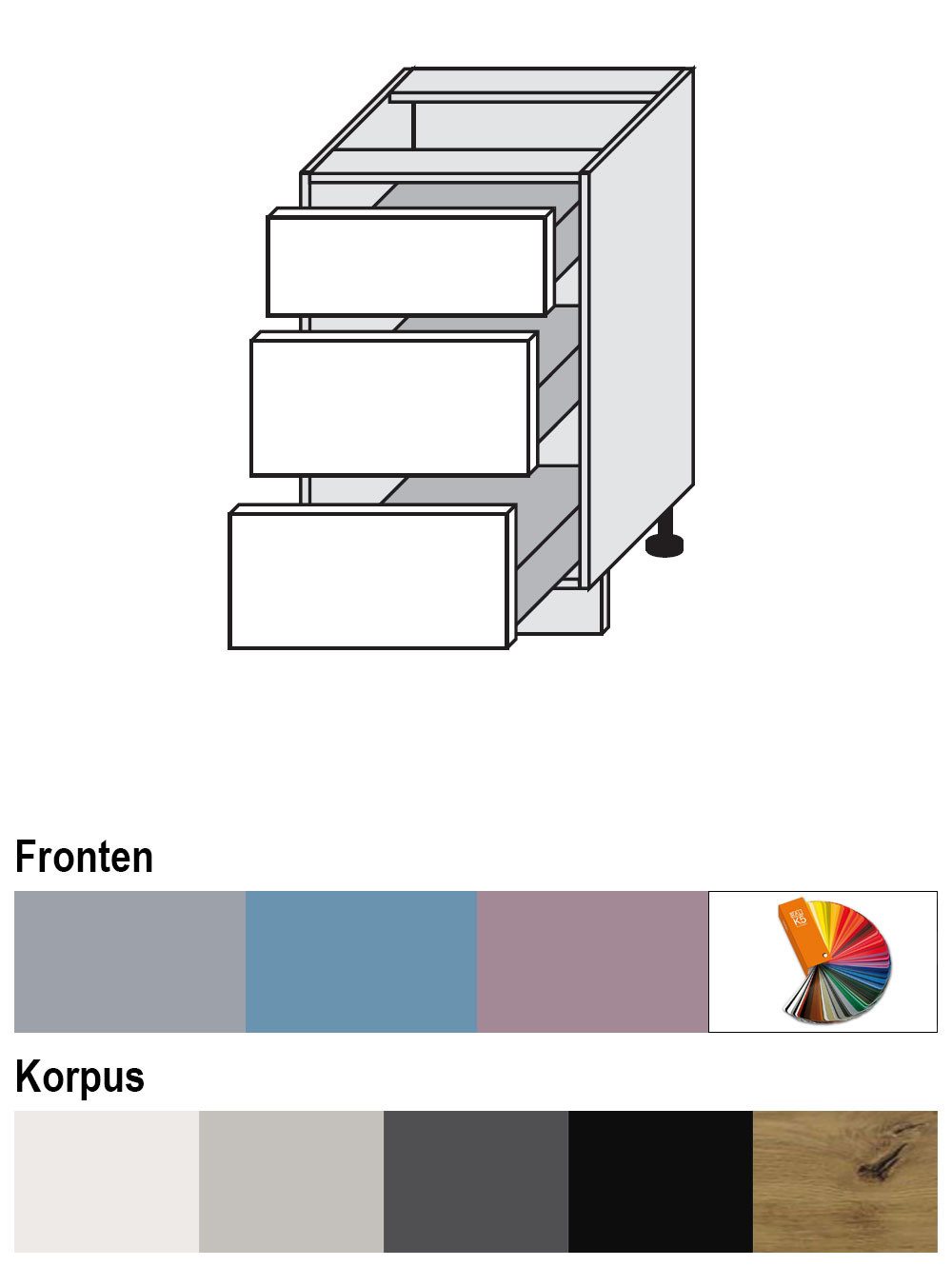 Feldmann-Wohnen Auszugsunterschrank Bari (D3M/50, 3 Schubladen, Blum Metabox Teilauszug, 1-St., moderne Kassettenoptik, lackierte Fronten, 50x50x82cm) Eiche Artisan / RAL 4009 pastellviolett matt
