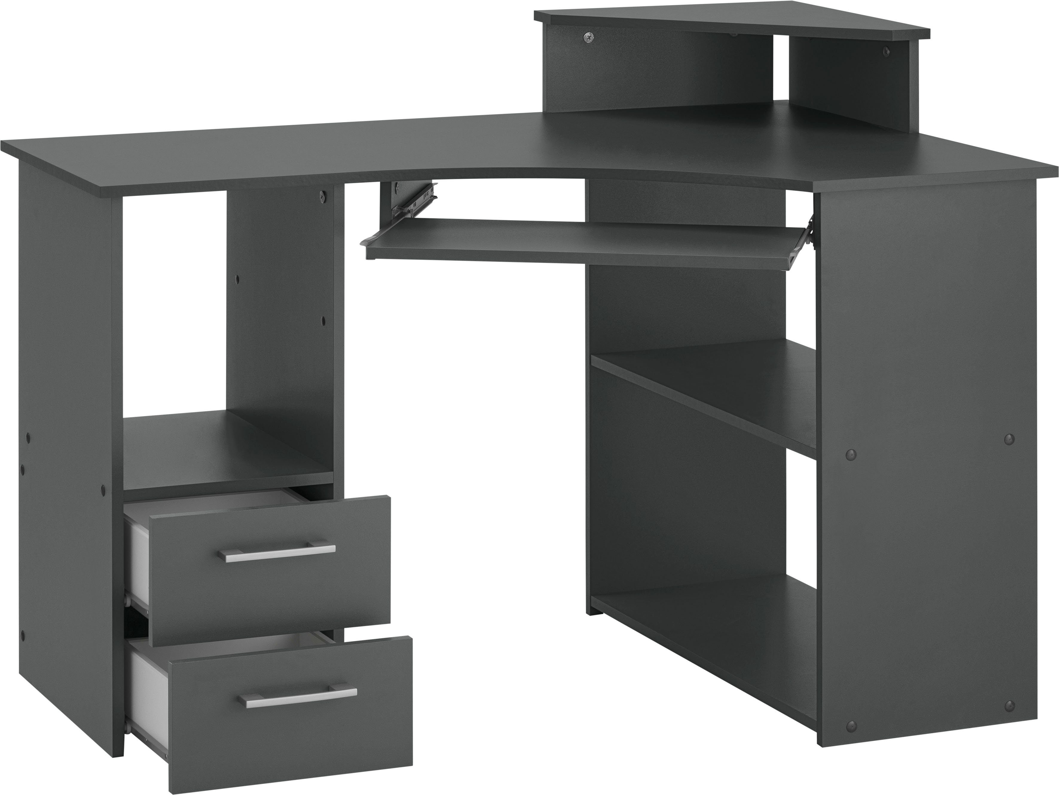 VOGL Möbelfabrik Schreibtisch Sam, Eckschreibtisch, Tastaturauszug, Monitoraufsatz & opt. Towerfach