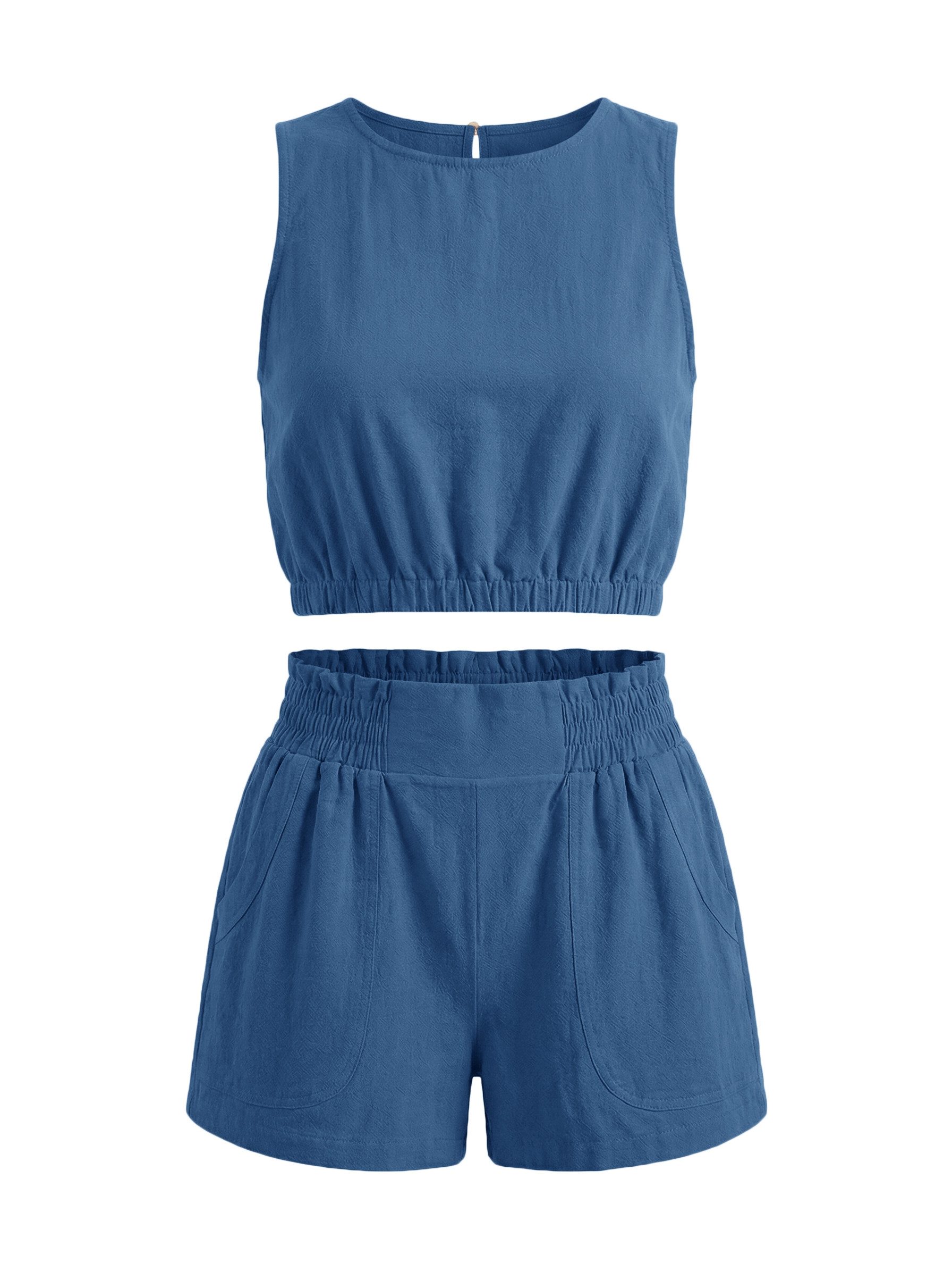 Imily Bela Hausanzug Damen Sommerliche 2-teilige Shorts-Sets (Set, 2 tlg., Ärmelloses Crop-Top + High-Waist-Shorts) Einfarbig – Bild 2 von 5