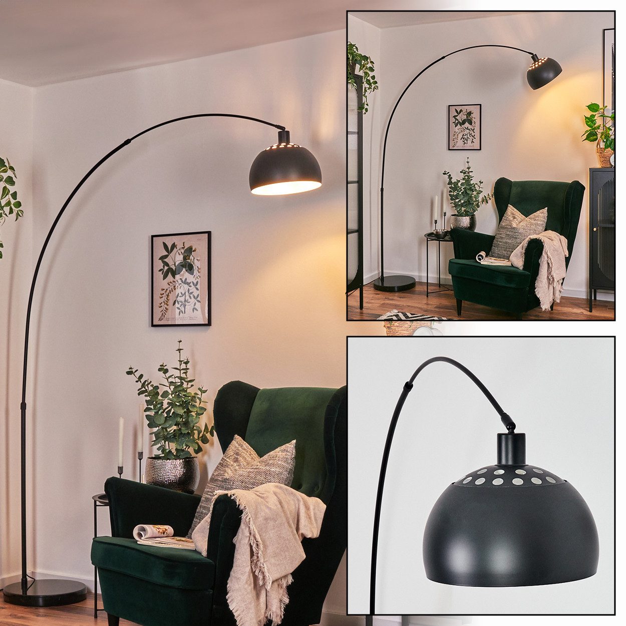 Bogenlampe Stehlampe aus Metall mit Marmorfuß in Schwarz/Weiß