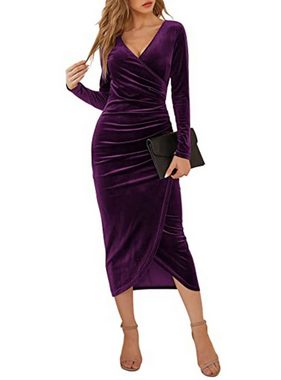 ZWY Satinkleid Elegantes Damen-Abendkleid mit V-Ausschnitt,kleid lila damen (Größe: M-XL) ( Partykleid Lange Ärmel Wickelkleid Festlich Kleid Maxikleid Kleid)