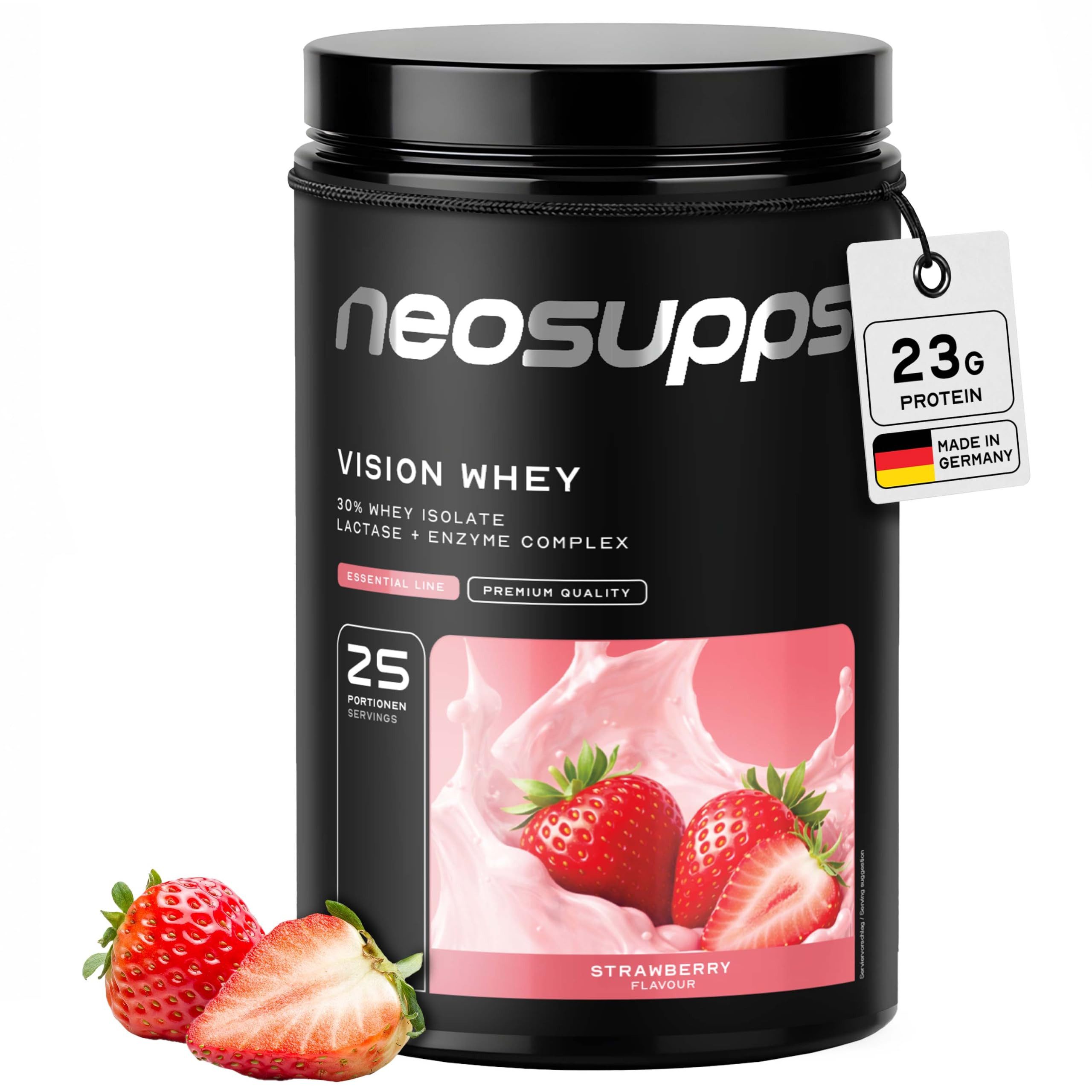 Neosupps Whey Protein Pulver Strawberry 750g, Proteinpulver, Proteinshake Pulver, 750 g, Protein zum Muskelaufbau mit geprüfter Qualität, Made in Germany