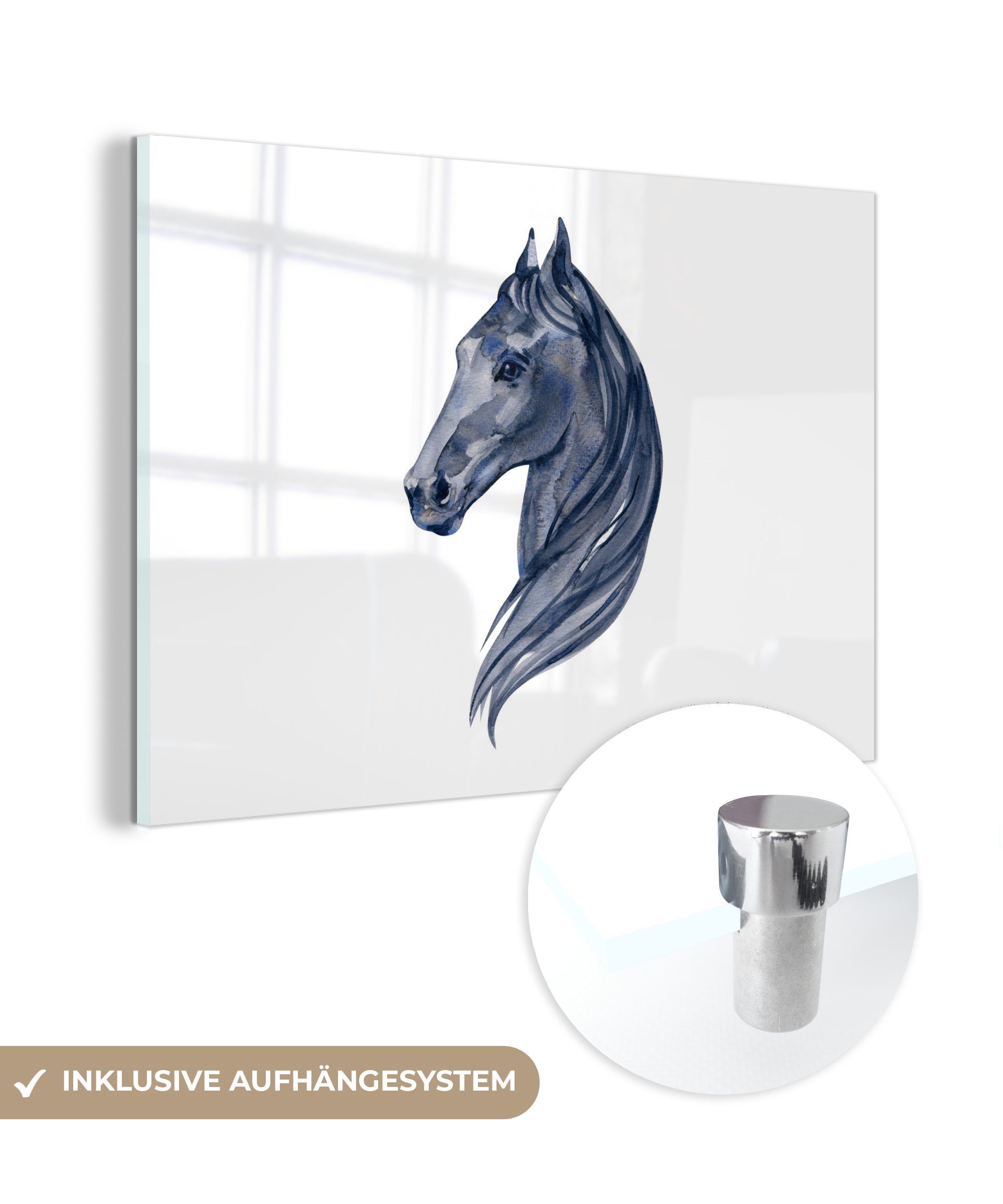 MuchoWow Acrylglasbild Pferd - Aquarell - Blau - Mädchen - Kinder - Mädchen, (1 St), Glasbilder - Bilder auf Glas Wandbild - Foto auf Glas - Wanddekoration
