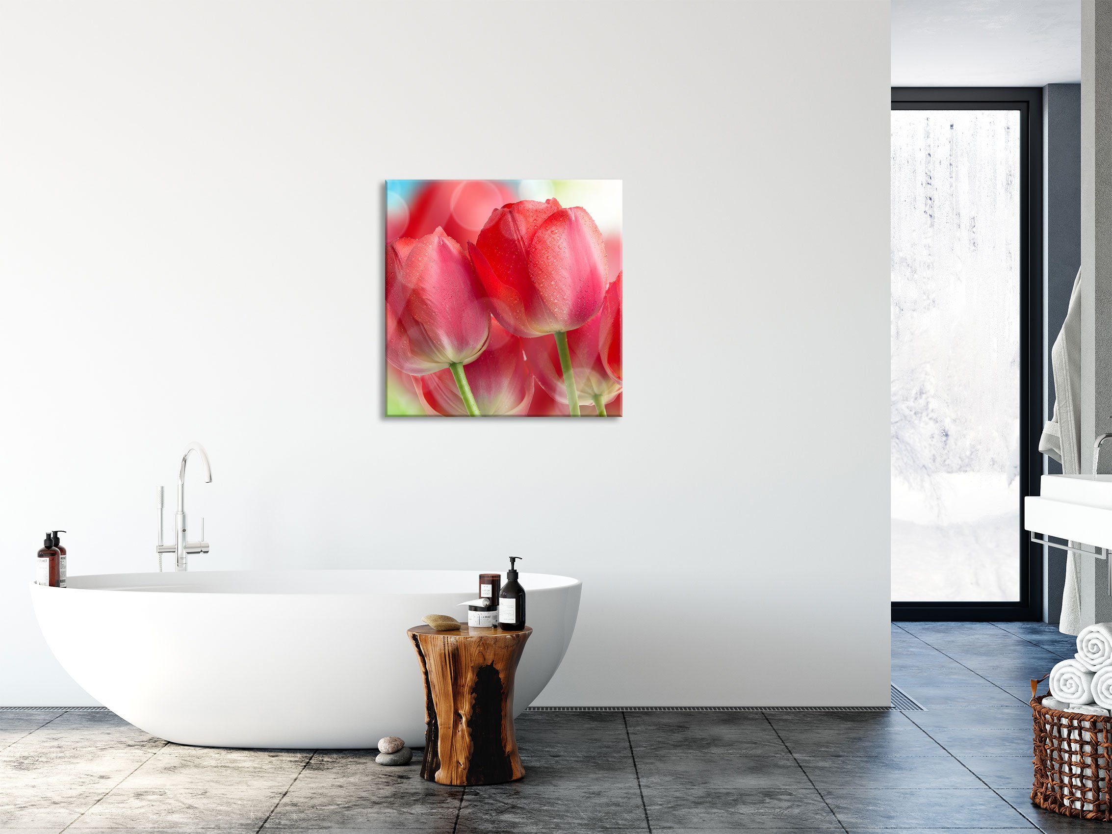 und Tulpen, Glasbild Tulpen Aufhängungen (1 inkl. St), Abstandshalter Rote Pixxprint aus Echtglas, Glasbild Rote