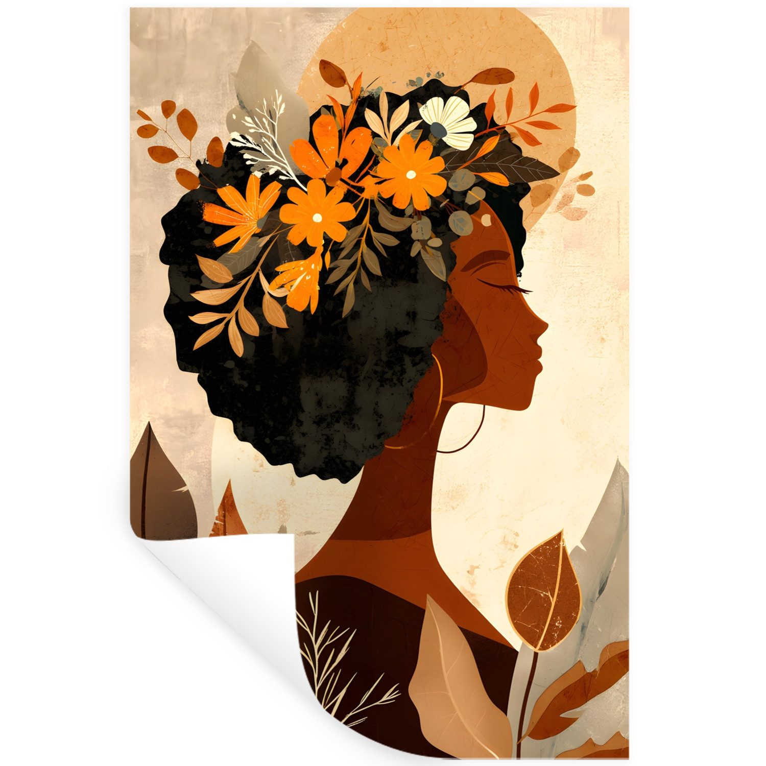 MuchoWow Wandsticker Frau - Locken - Blumen - Beige (1 St), Wanddeko, Aufkleber, Wandtattoo, 80x120 cm