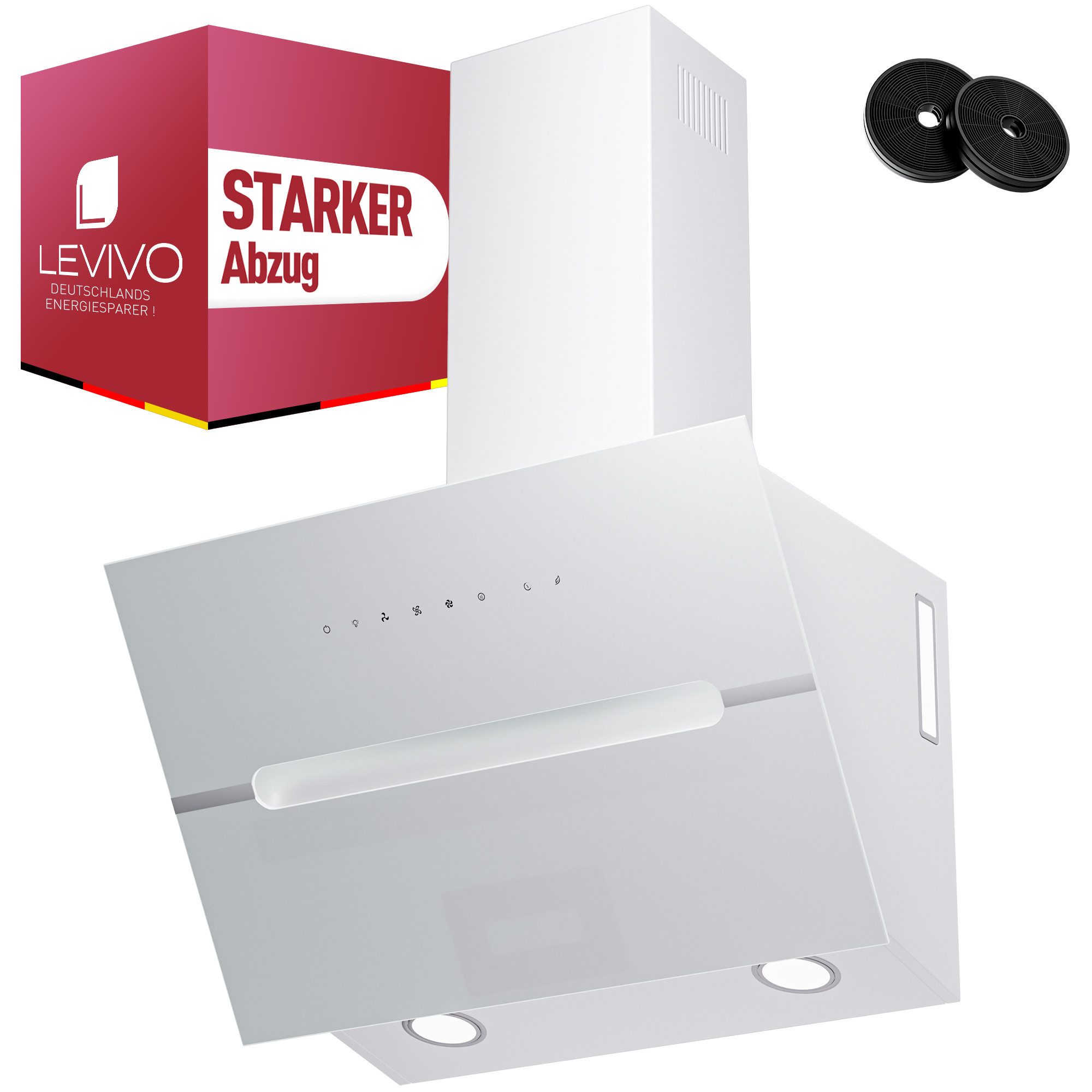Levivo Kopffreihaube A+++ Dunstabzugshaube 60cm und 90cm Umluft & Abluft mit 720 m³/h Aktivkohlefiltern, Fettfiltern, LED-Beleuchtung