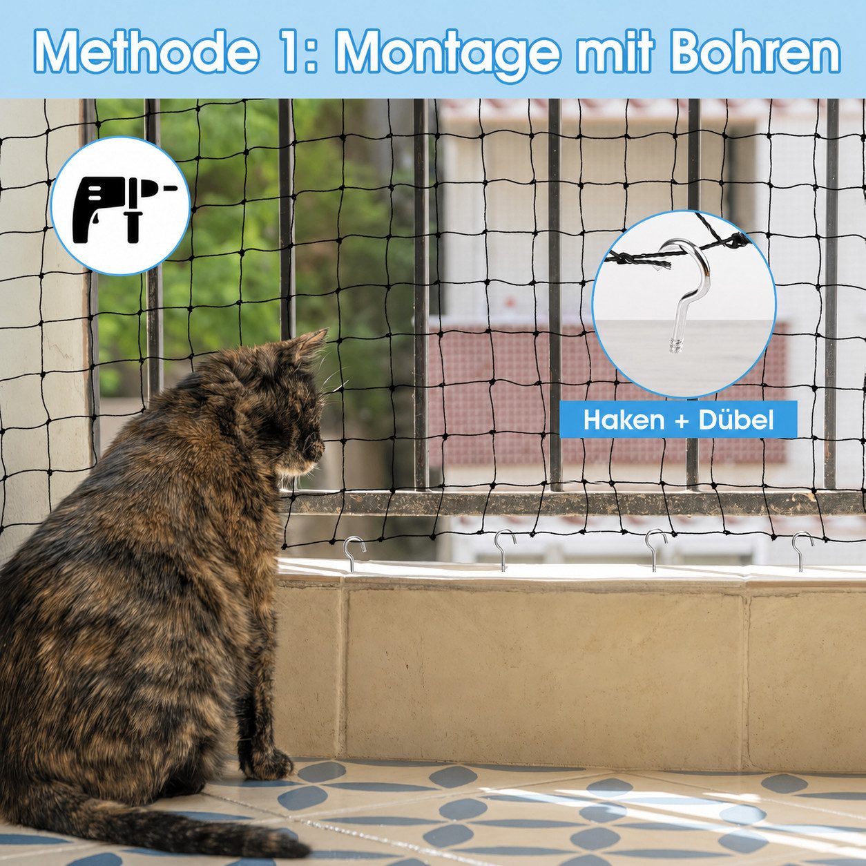 SURFOU Schutznetz für Katzen, Katzennetz für Balkon, Fenster & Terrasse, BxL: 3x4 m, Katzennetz mit Befestigungsseil, Nägel, Kabelbinder – Bild 5 von 5