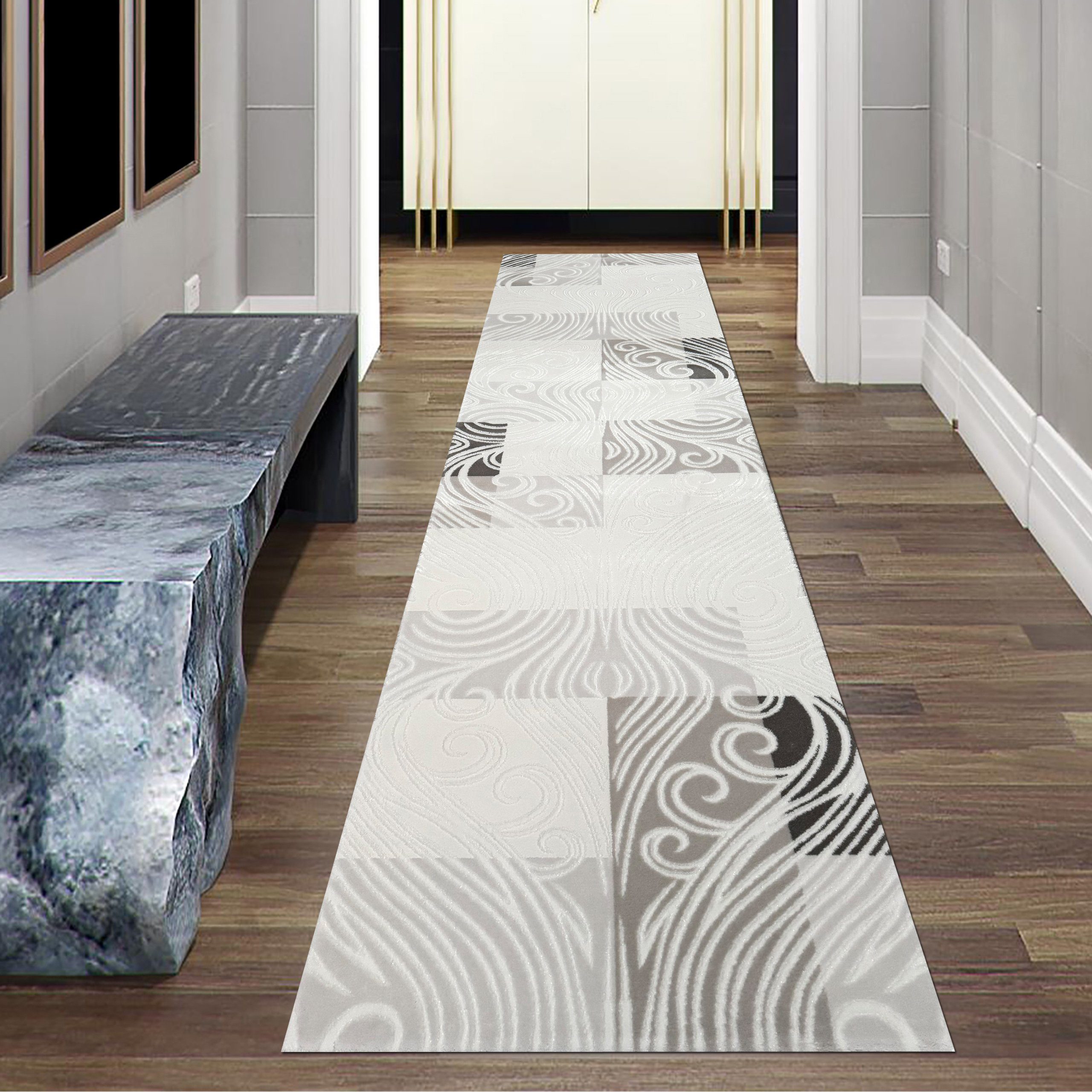 Teppich Wollteppich mit Glitzer und Ornamenten in grau, Teppich-Traum, rechteckig
