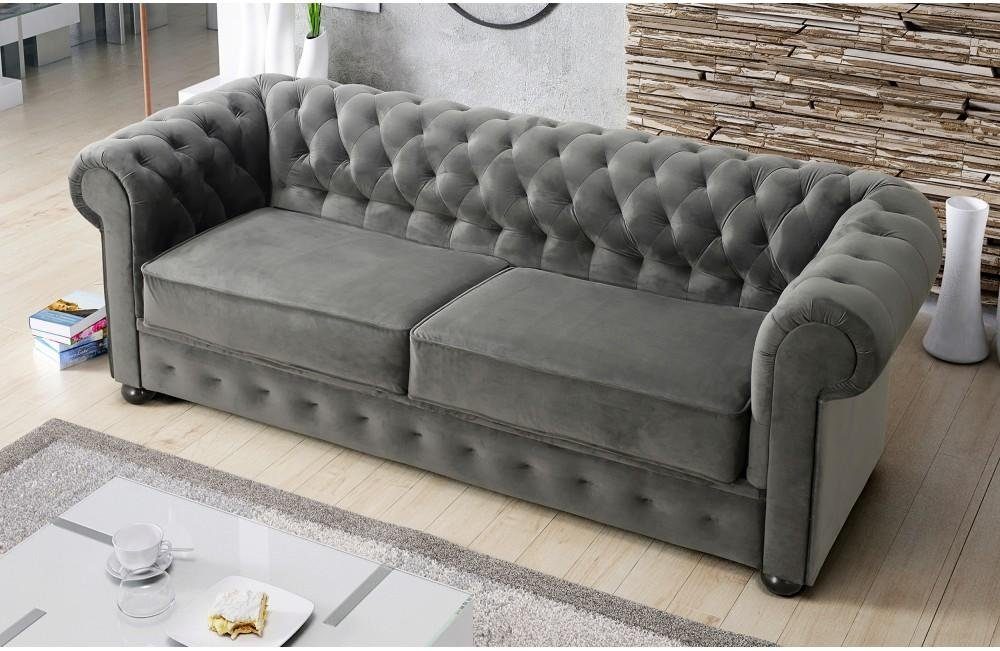 in Europe Textil Sofa Sofa 3 Chesterfield Neu, Großes luxus Made Sifa Grau Sitzer Couch Grünes JVmoebel