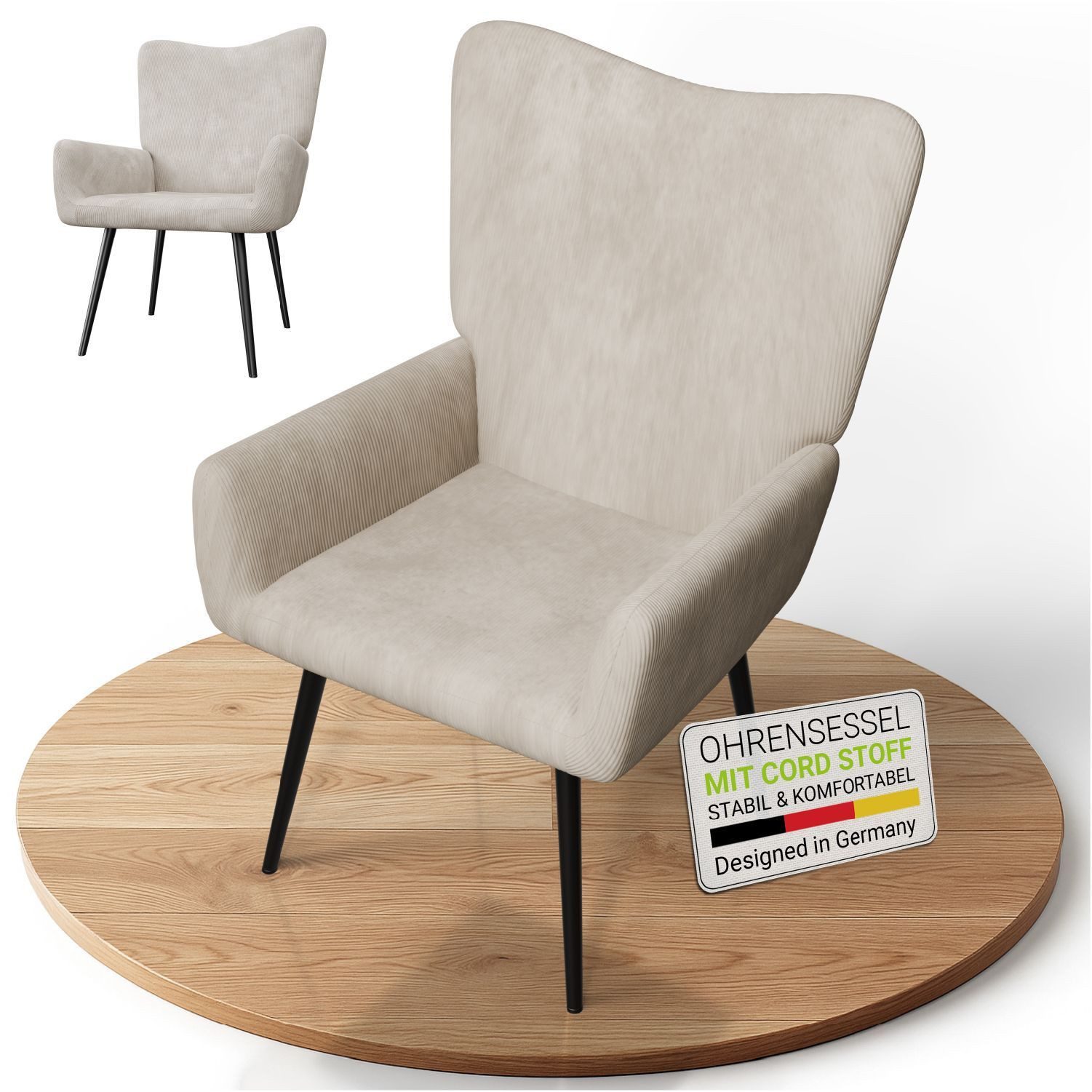 Juskys Ohrensessel Odense, Optionaler Hocker, große Rückenlehne, weicher Stoff, Stahlgestell