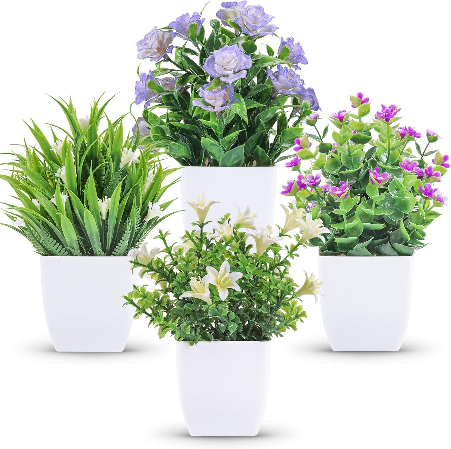 Kunstpflanze 4 Stück Kunstpflanzen mit Blumen Wohnzimmer Küche Bad Büro, FELIXLEO