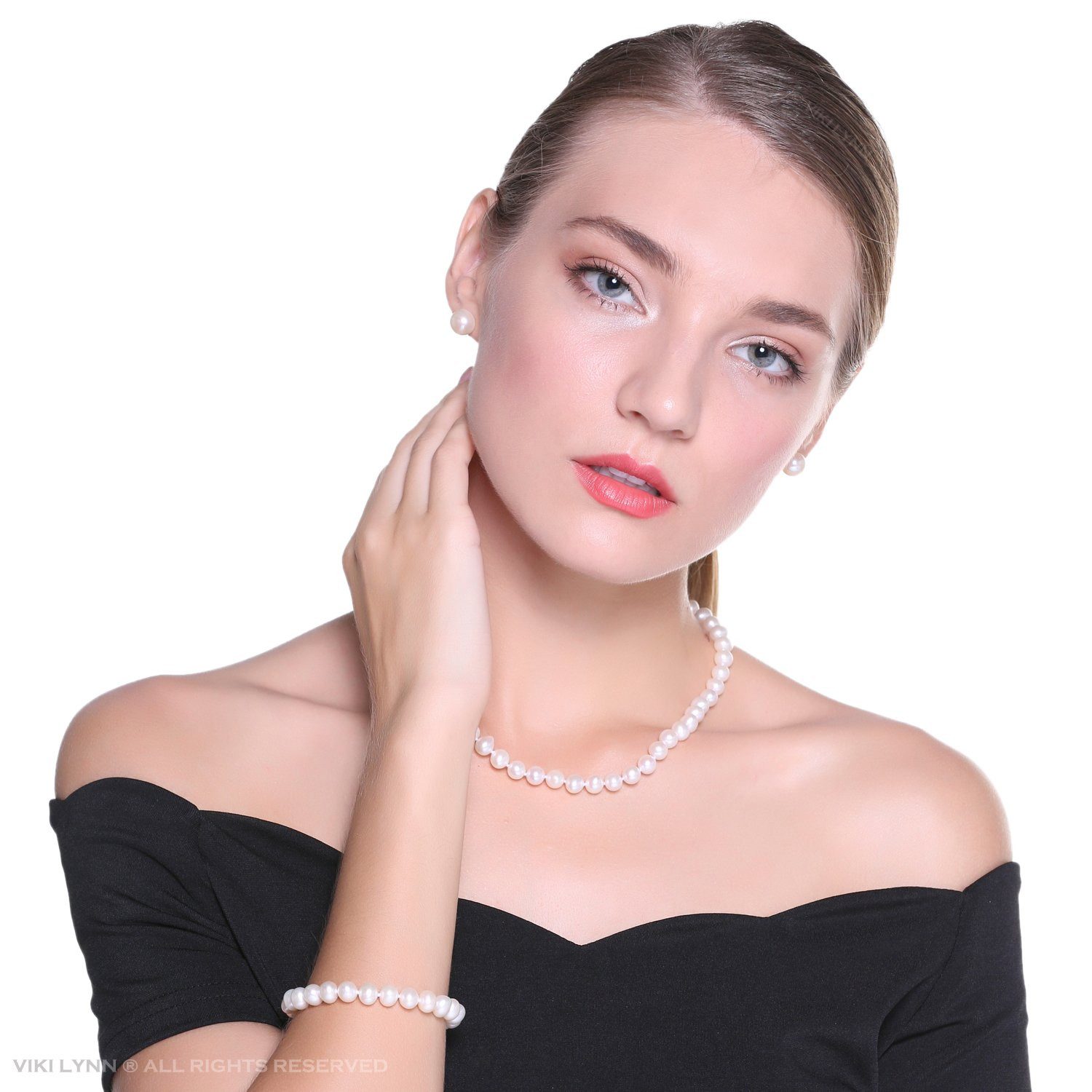 MOPUEA Perlenkette Perlenkette Perlen Halskette Süßwasser Zuchtperlen Schmuck-Set (für Damen Geschenke für Muttertag, 3-tlg), enthalten Armband und Ohrstecker
