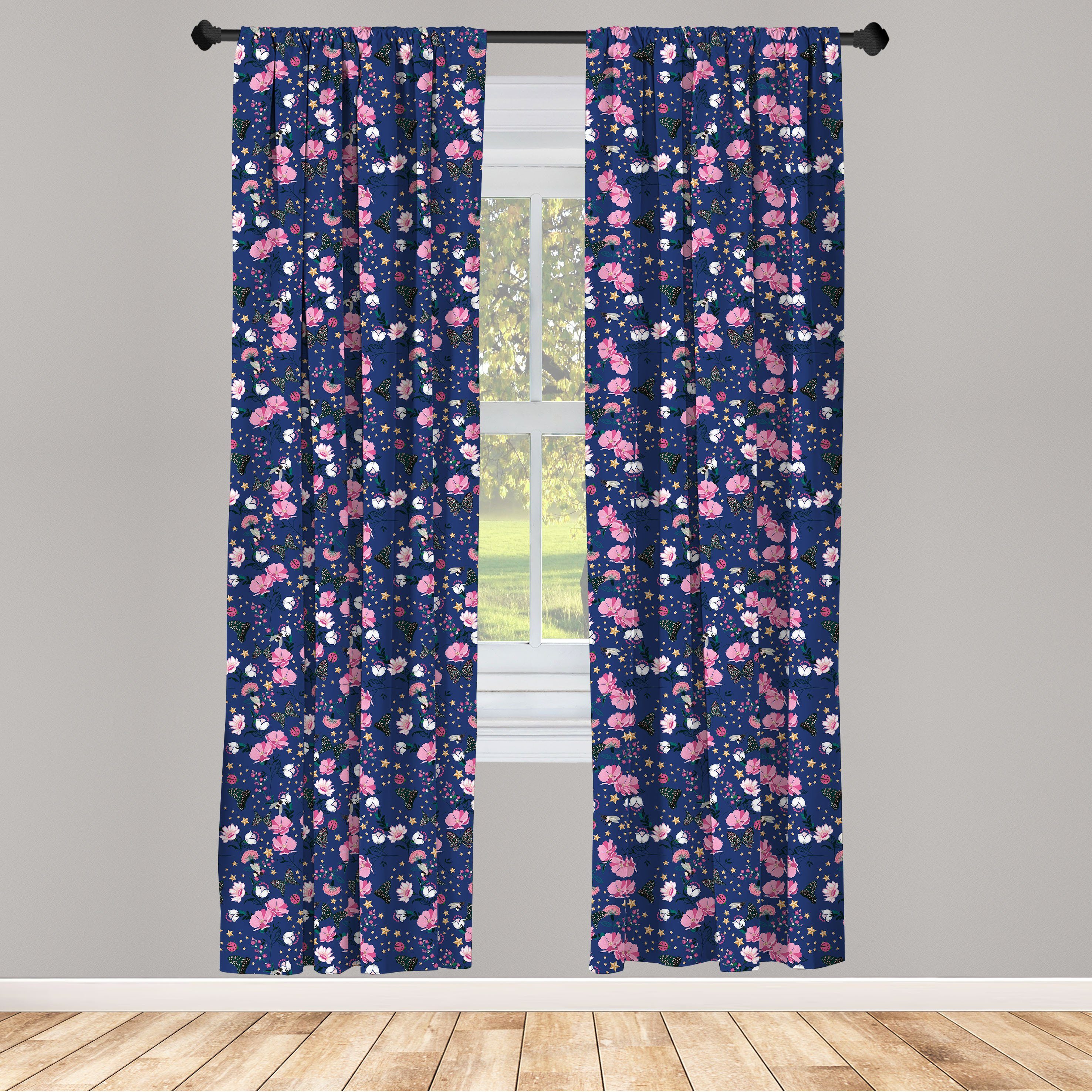 Gardine Vorhang für Wohnzimmer Schlafzimmer Dekor, Abakuhaus, Microfaser, Blumen Schmetterlinge Sterne Blumen