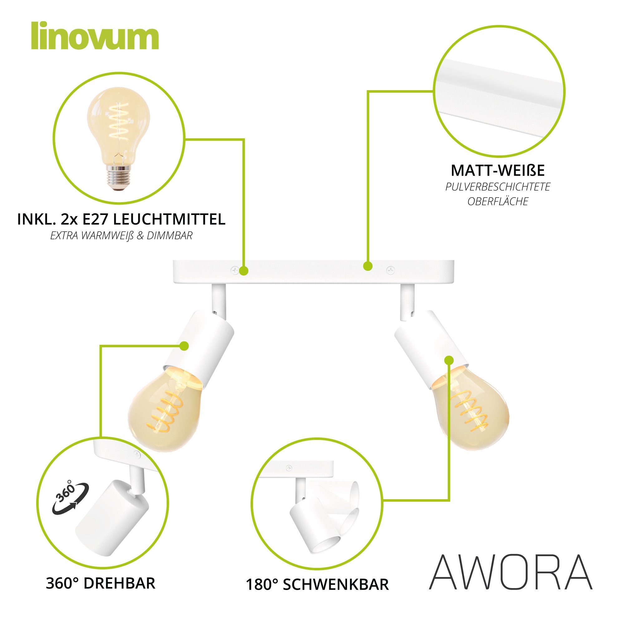 linovum LED Aufbaustrahler AWORA Wohnzimmerlampe 2er weiss mit Retro E27 Globe LED warmweiß Spot, Extra Warmweiß