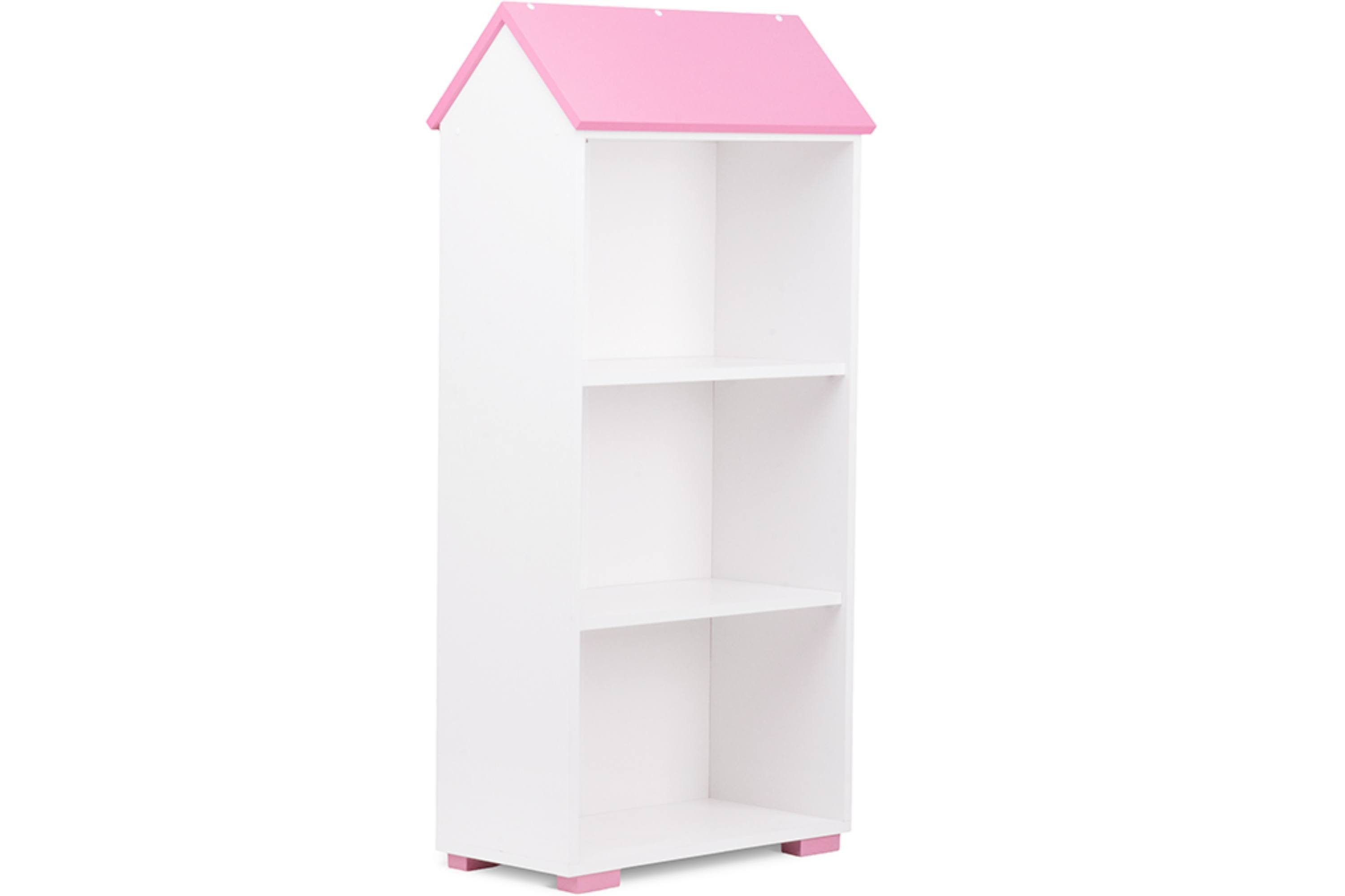 Konsimo Kinderregal PABIS Kinder Bücherregal Hausform, in Pastellfarben, geräumiges Bücherregal für Kinderzimmer weiß/rosa