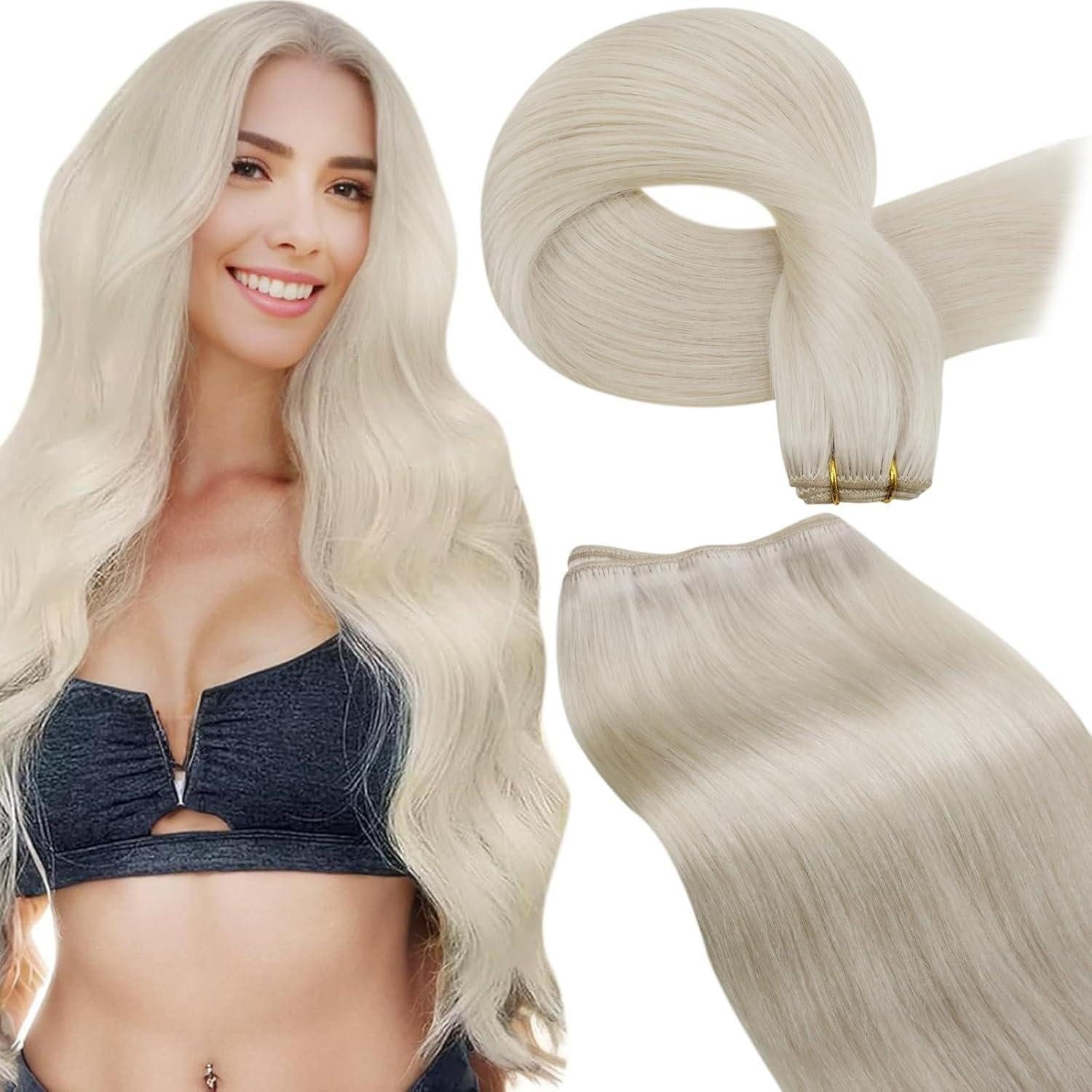 LuxusKollektion Echthaar-Extension Tressen Echthaar Extensions Remy Platinblond 55cm-100G 4.96-Weft-#60