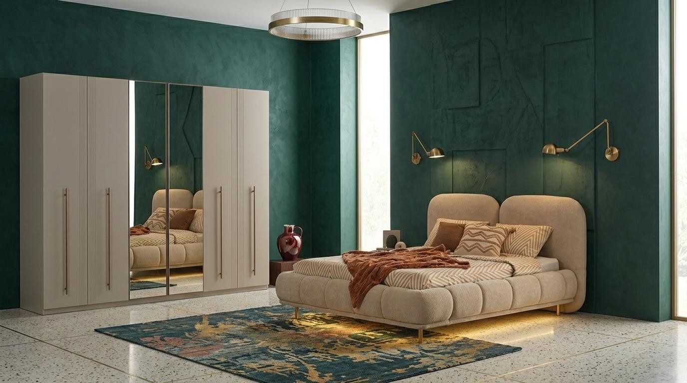 Xlmoebel Schlafzimmer-Set Bett Garderobenschrank Schlafzimmer Stil modern beige geräumig