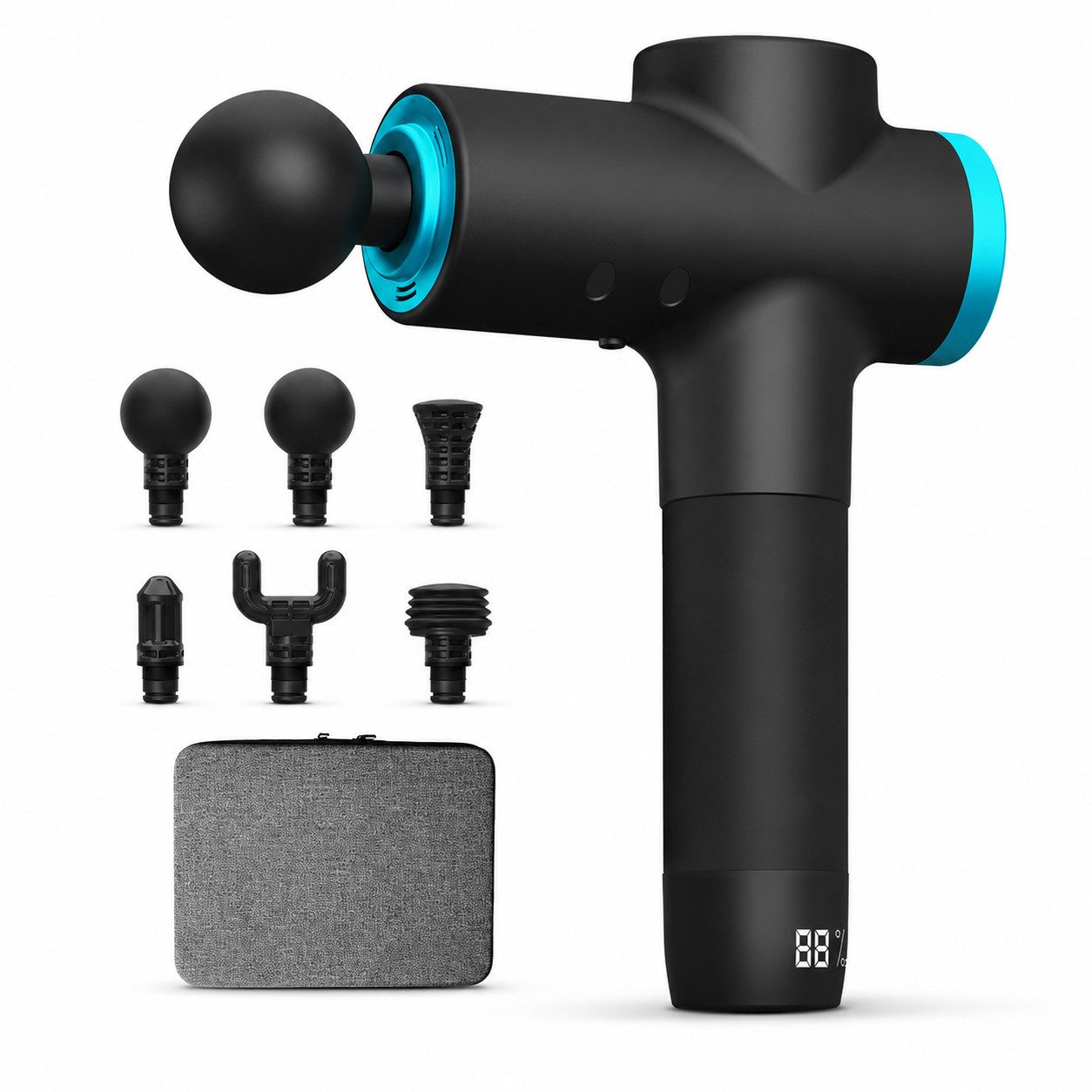 Tekoo Massagepistole Massagegerät mit LCD & 6 Aufsätzen, Elektrisches Handmassagegerät 45dB, Set, Set mit 6 Aufsätzen und Koffer, Quiet-Glide Technologie (45dB), 12kg Stall Force Schlagkraft
