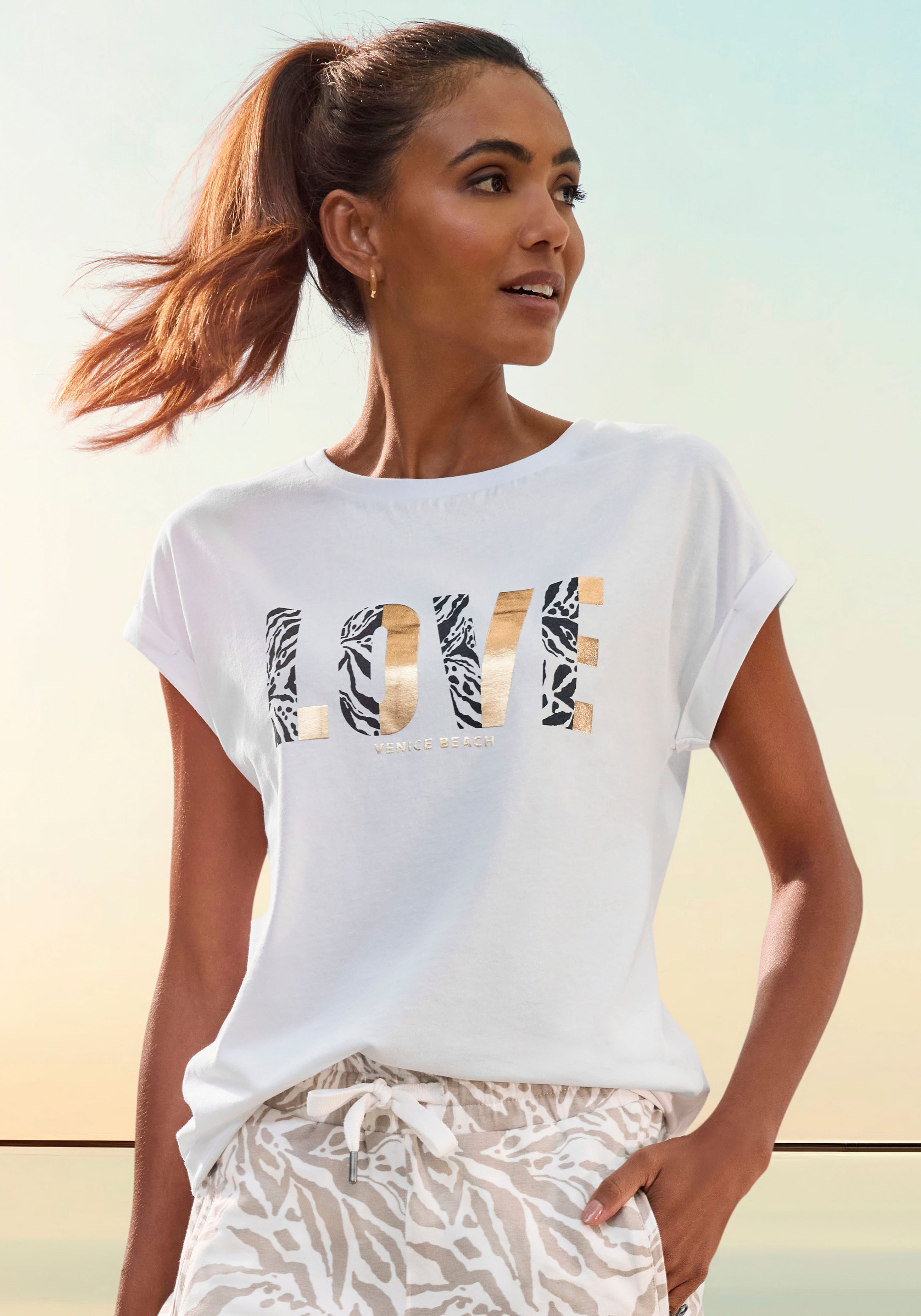 Venice Beach Kurzarmshirt mit Frontprint, T-Shirt aus Baumwolle, lockere Passform