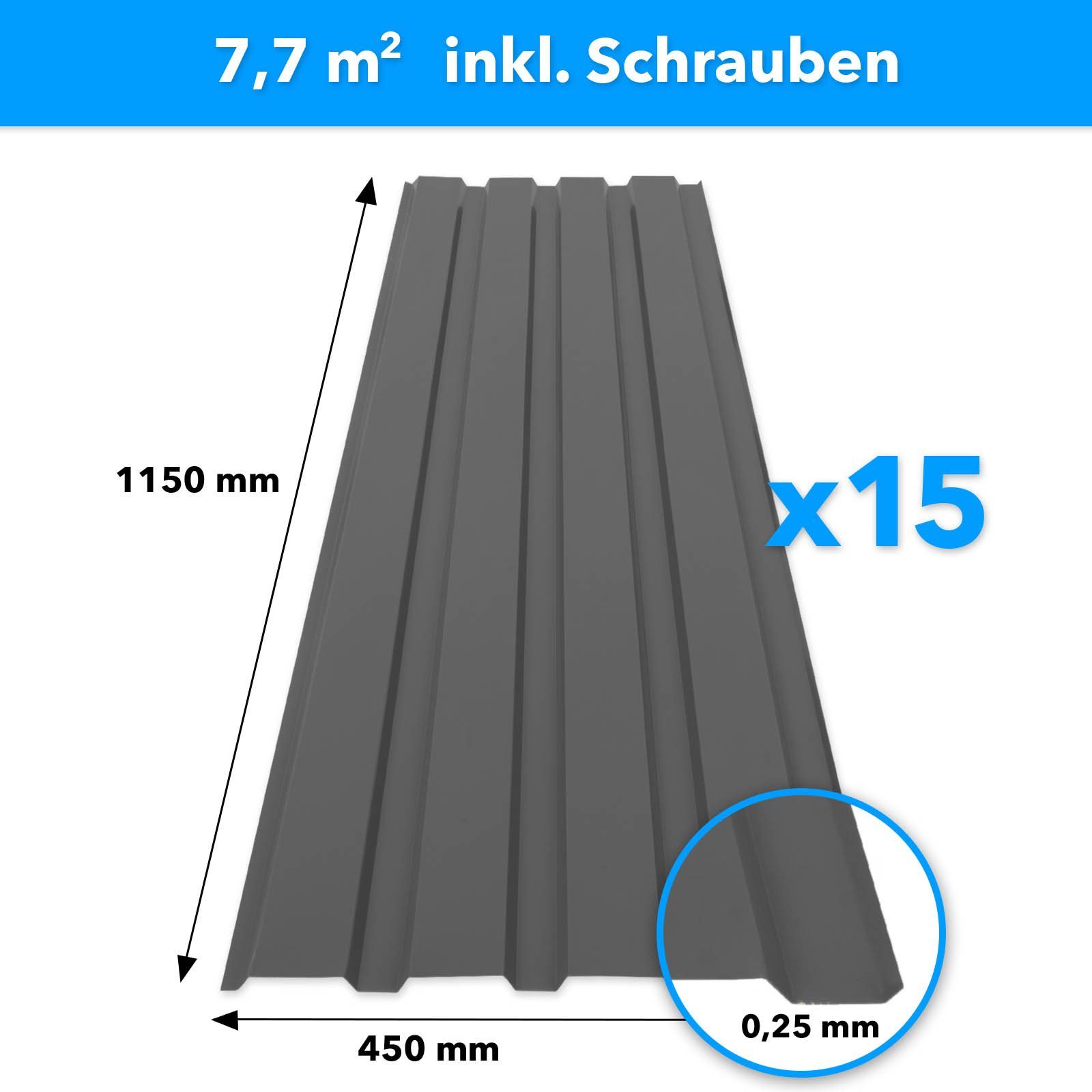 Karat Trapezblech Dachblech 7,7m² inkl Schrauben, Wandblech verzinkt, Profilblech, Blech verzinkt, 1150x450x0,25 mm (Spar-Set 15-St. 115x45 cm) wetterfest für Carport & Gartenhaus, verschiedene Farben