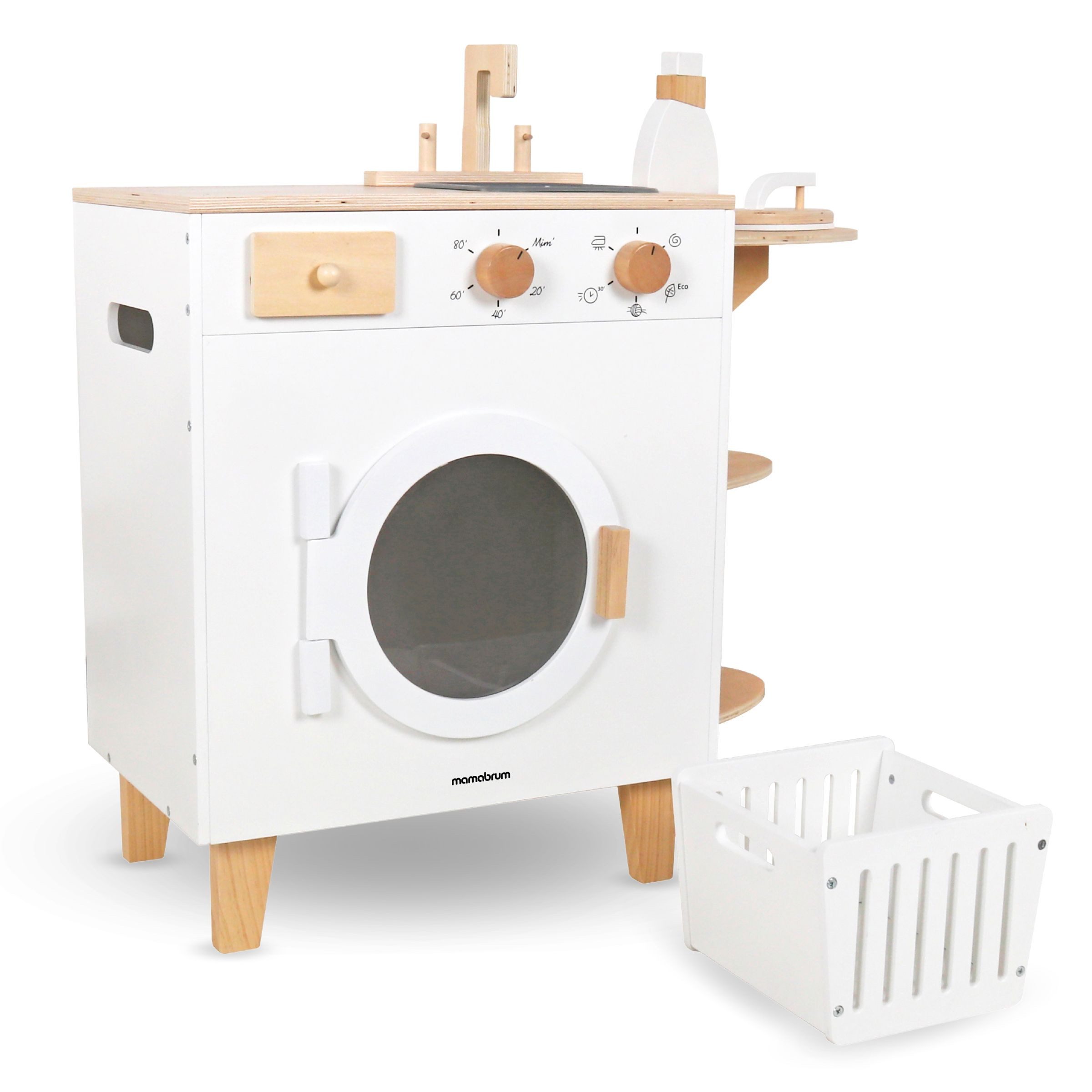 Mamabrum Kinder-Waschmaschine Kinder-Waschmaschine aus Holz – Spielset mit Bügeleisen und Wäschekorb – Bild 4 von 5