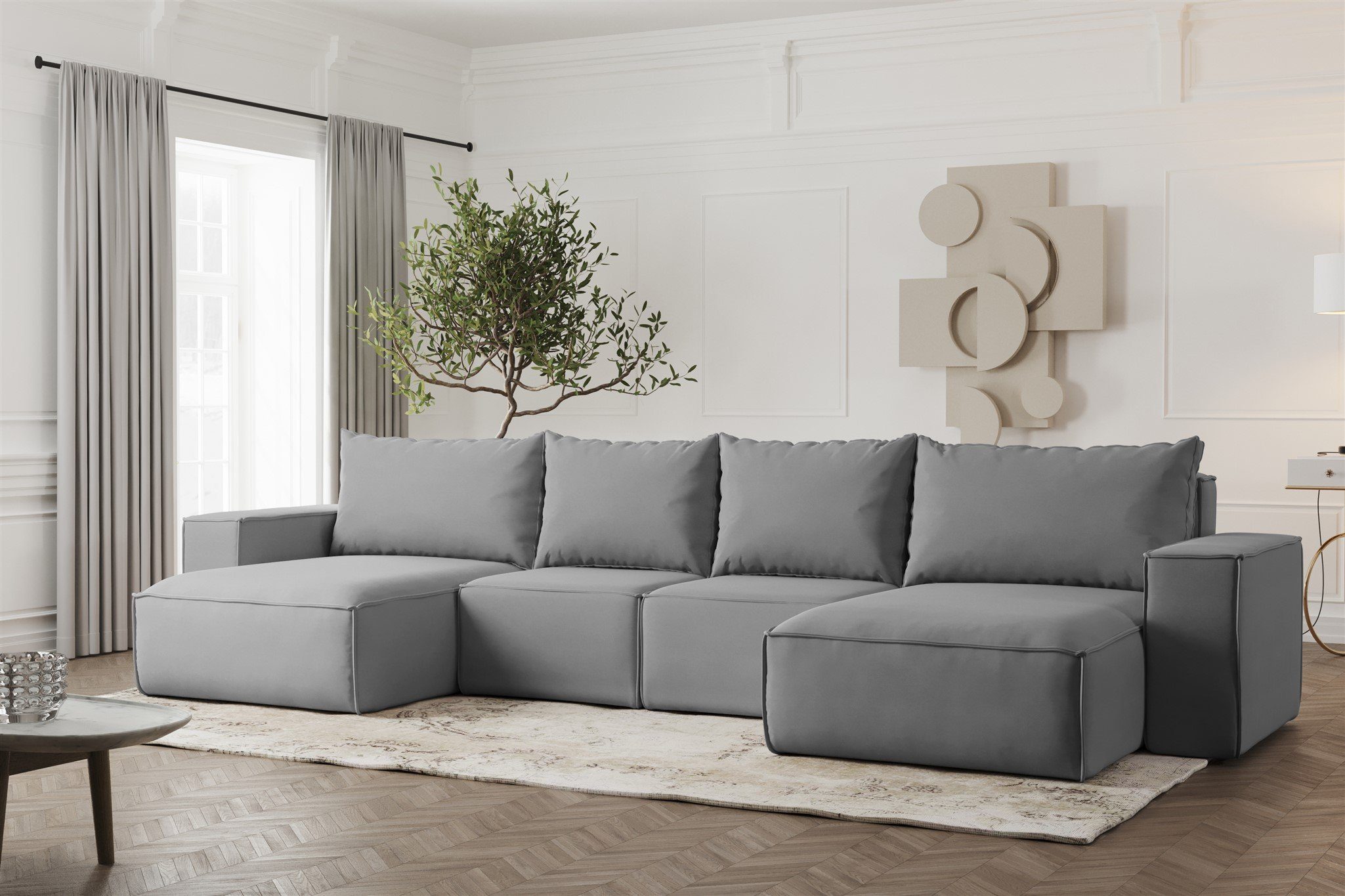 Fun Möbel Wohnlandschaft Sofa U-Form ESTELLE mit Schlaffunktion Stoff, inkl. Bettkasten, Rücken echt bezogen