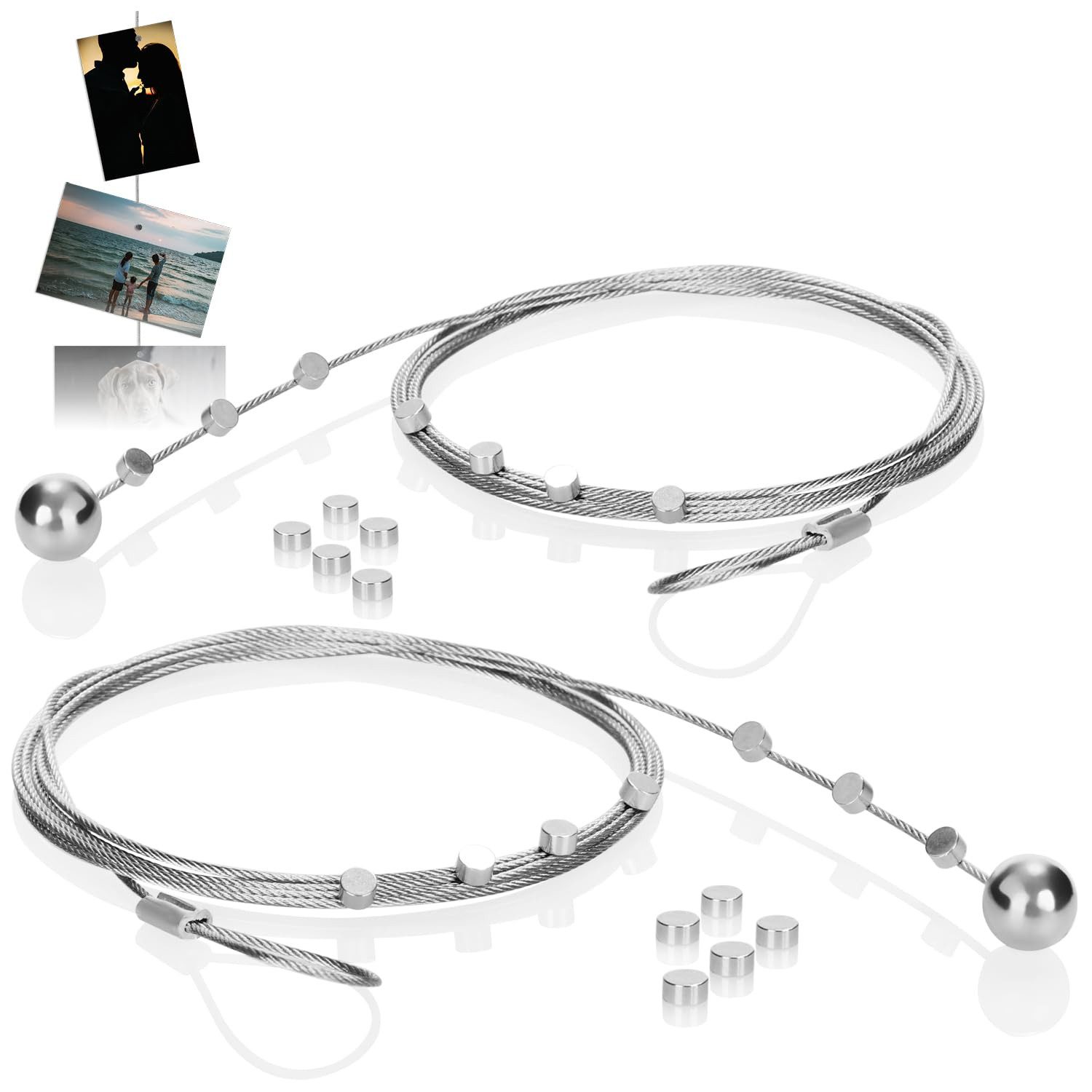 com-four Fotoseil Fotodrahtseil mit Magneten - 2 Meter Fotoleinen aus Metall (14-tlg), zum Aufhängen von Postkarten, Fotos und Notizen - Fotodraht