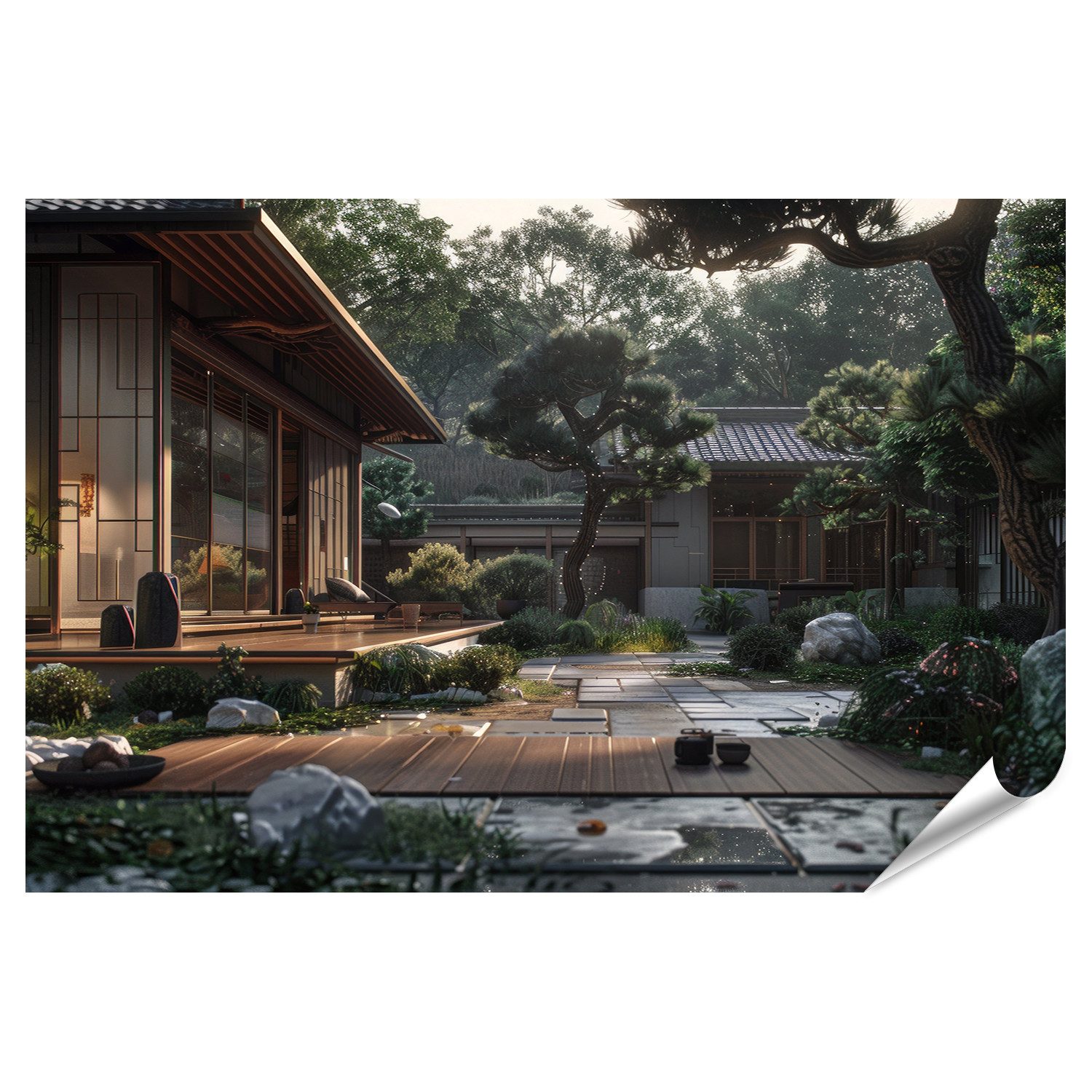 islandburner Poster, Traditionelles japanisches Haus mit Garten bei Sonnenuntergang