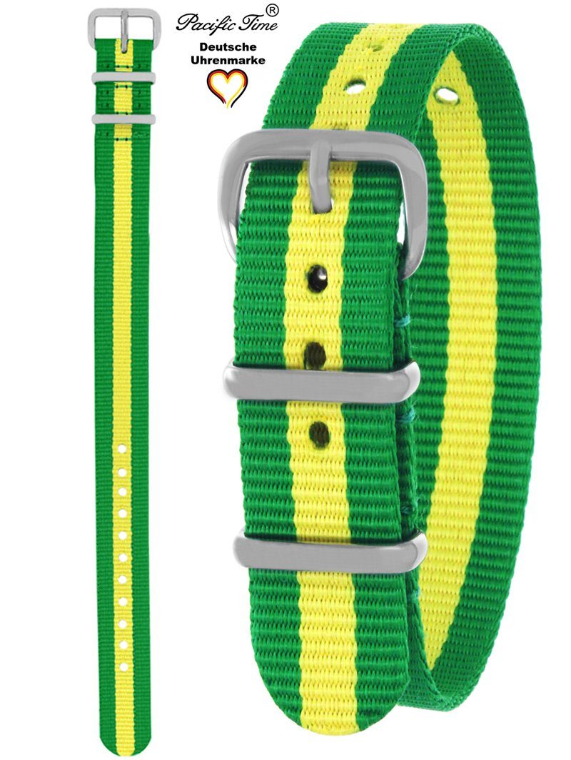 Pacific Time Uhrenarmband Wechselarmband Textil Nylon 16mm, Gratis Versand gelb grün