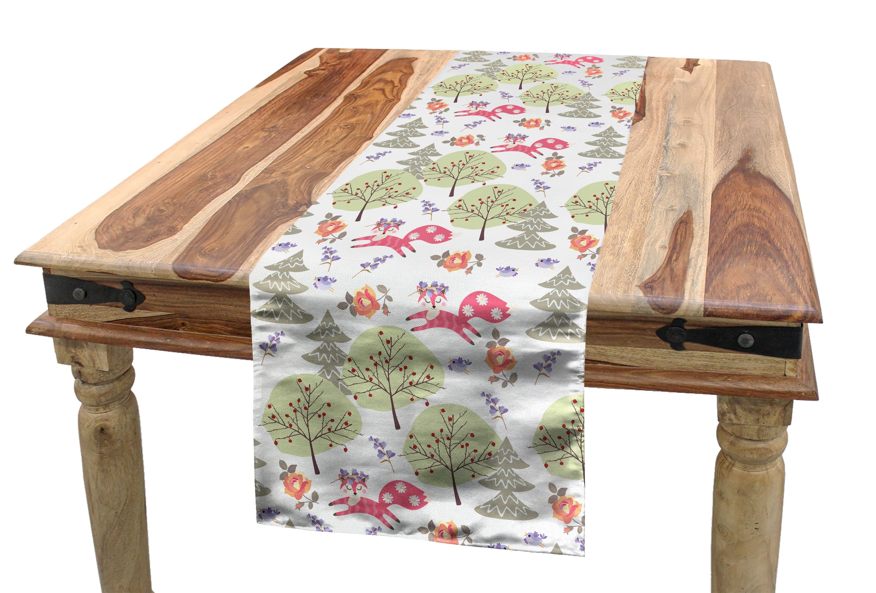 Abakuhaus Tischläufer Esszimmer Küche Rechteckiger Dekorativer Tischläufer, Pastell Weiche Füchse Bäume und Rosen