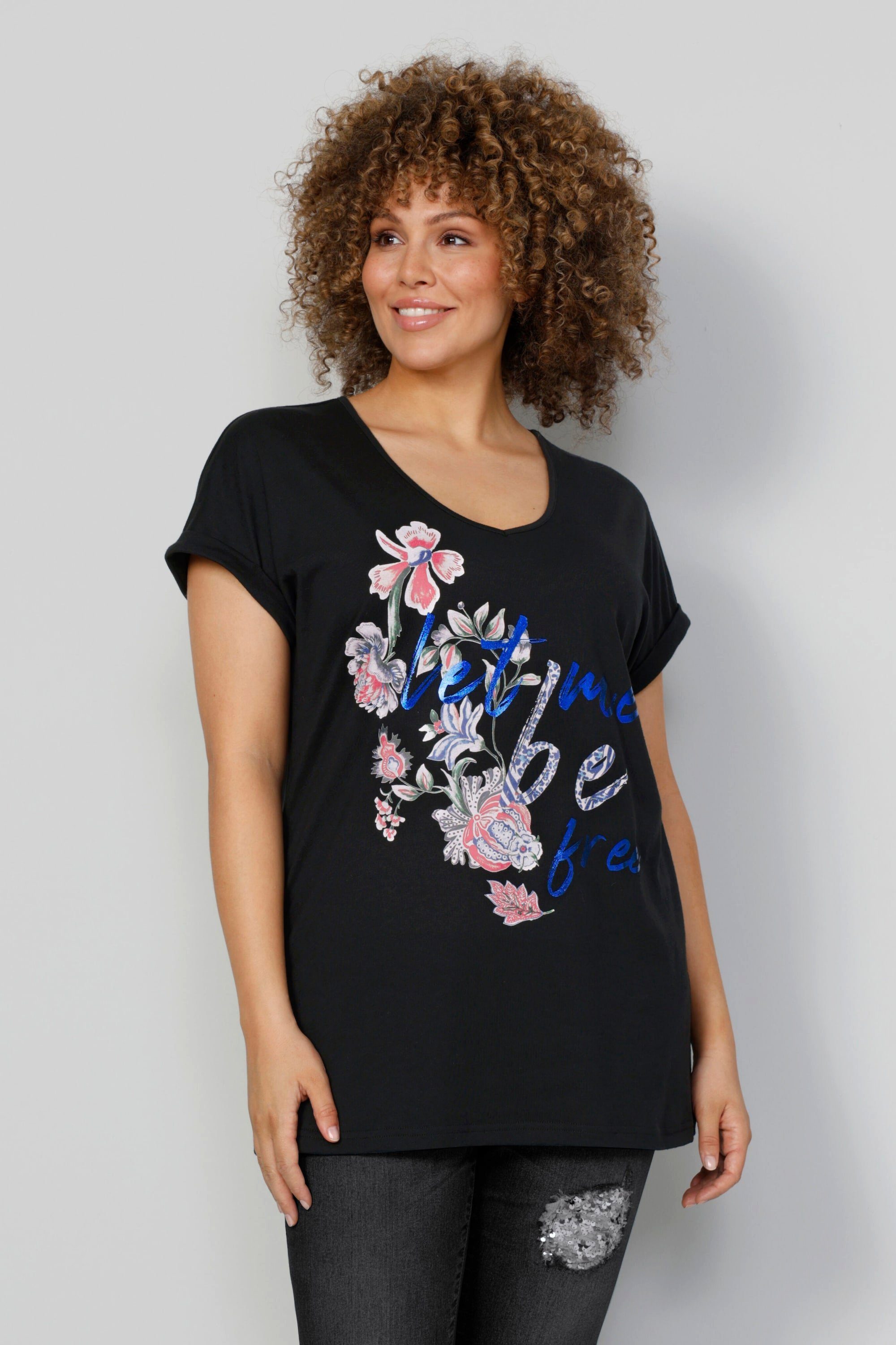 MIAMODA Rundhalsshirt T-Shirt oversized Blumendruck V-Ausschnitt