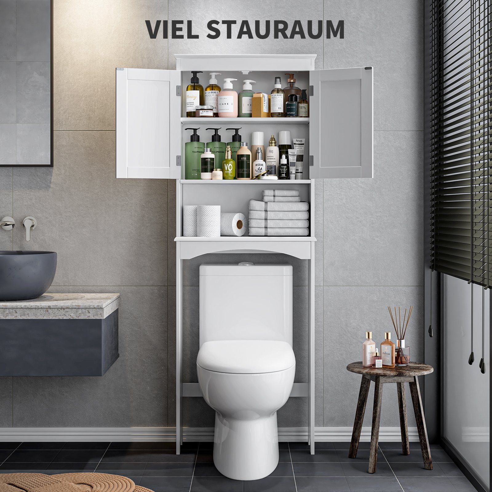 Toilettenschrank, Bealife 60x23x167cm Weiß Badregal Ablagen, mit