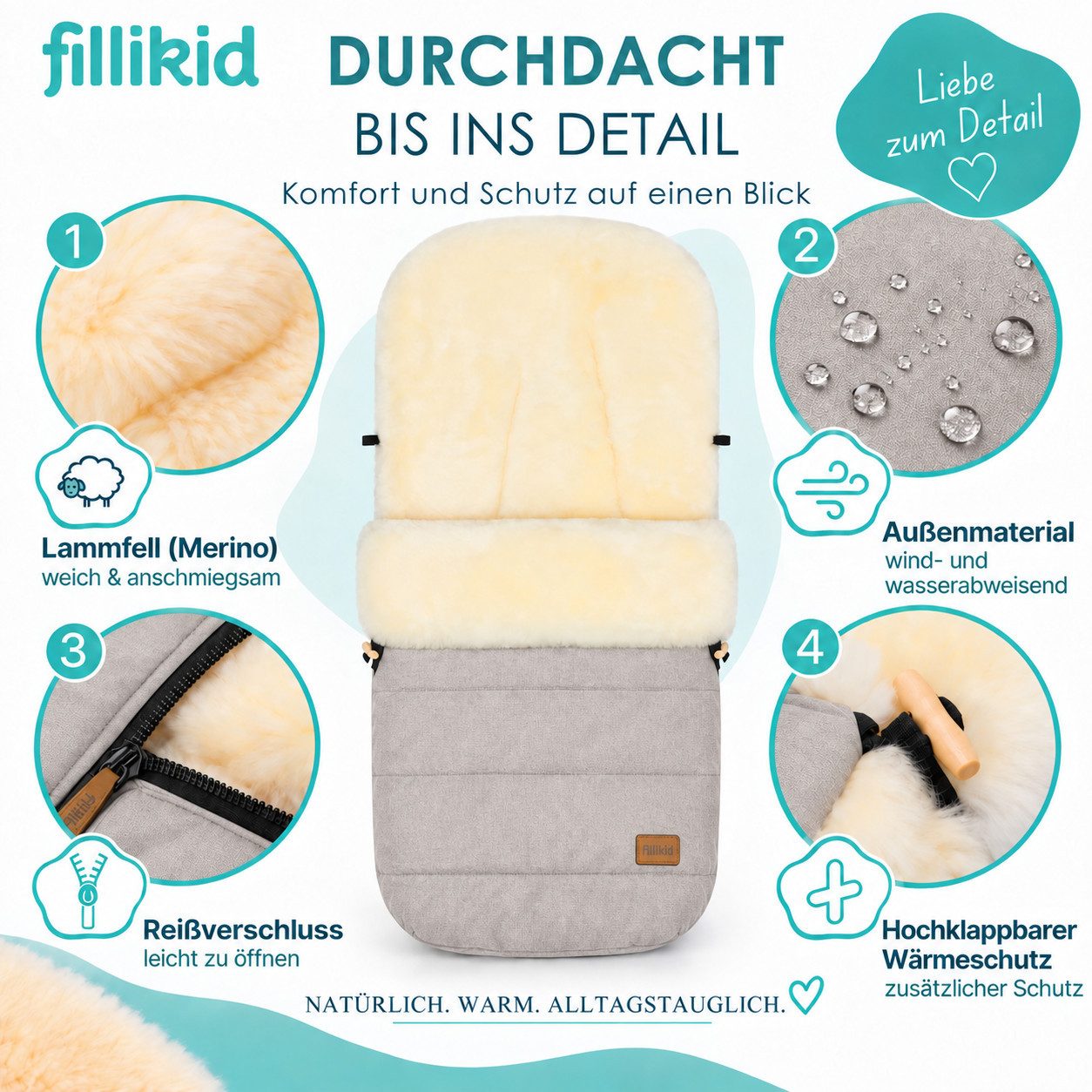 Fillikid Fußsack Winterfußsack Bernina Lammfell Exklusiv, Warmer Winterfußsack mit echtem Merino-Lammfell wasserabweisend und – Bild 3 von 5