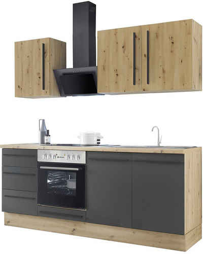 Kochstation Küchenzeile KS-Florida mit 38mm starker Arbeitsplatte, Breite 210 cm, wahlweise mit E-Geräten, Soft-Close-Funktion