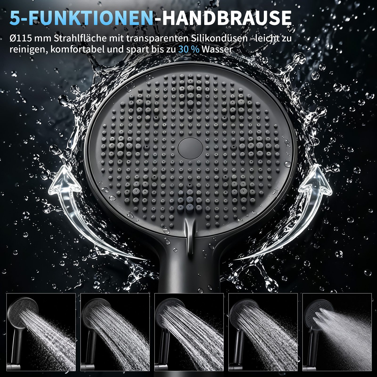HOMELODY Brausegarnitur Badewannenarmatur Duschset mit Ablage, 5F Handbrause, höhenverstellbar, 3 Strahlart(en), 900 mm Höhenverstellbare Duschstange mit schwen – Bild 5 von 5