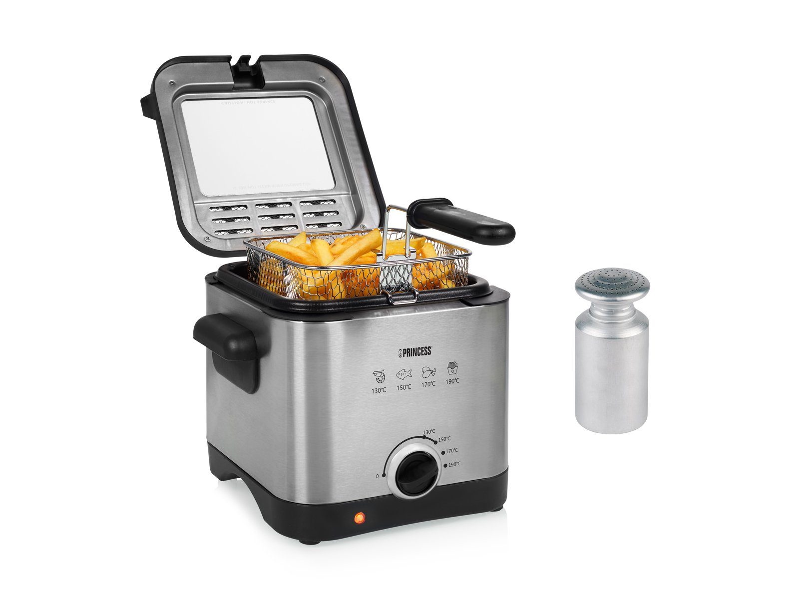 PRINCESS Fritteuse, 1000 W, Kleine Mini Öl-Fritöse Geruchsfilter regelbarer Thermostat Salzstreuer