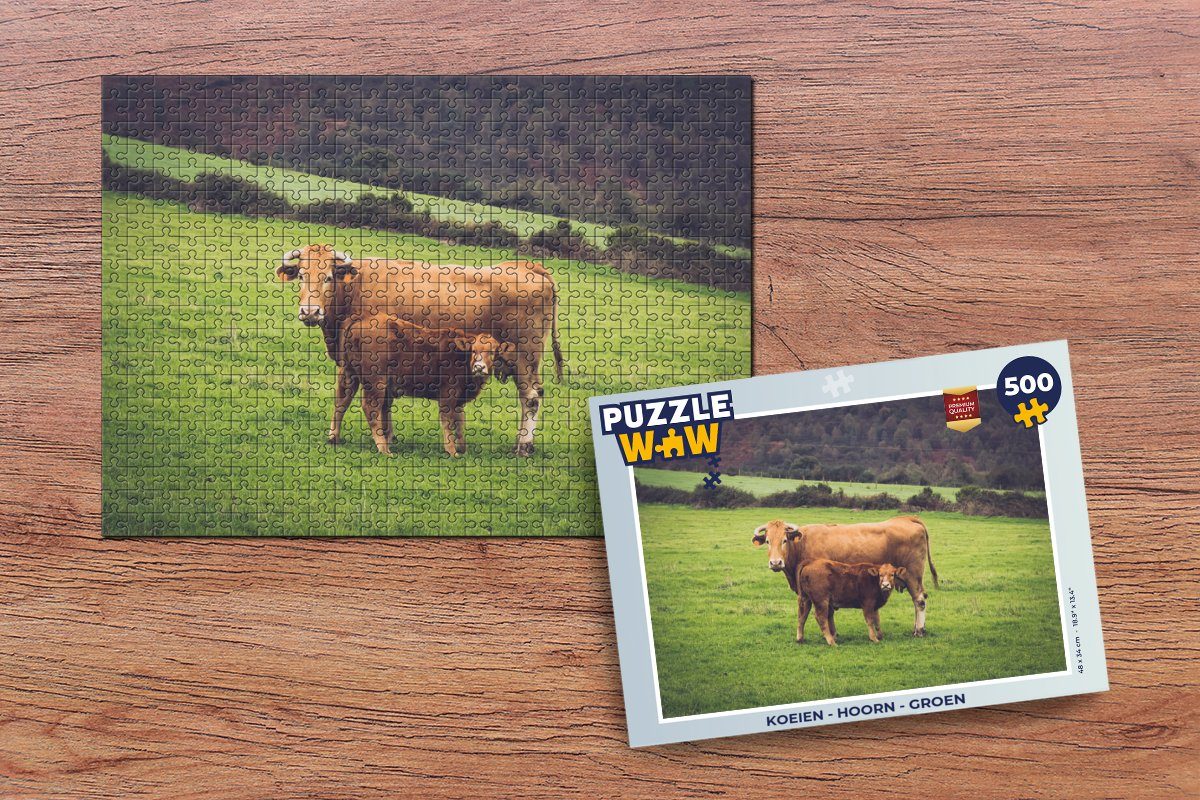 MuchoWow Puzzle Kühe - Horn - Grün, 500 Puzzleteile, Foto-Puzzle, Bilderrätsel, Puzzlespiele, Spielzeug