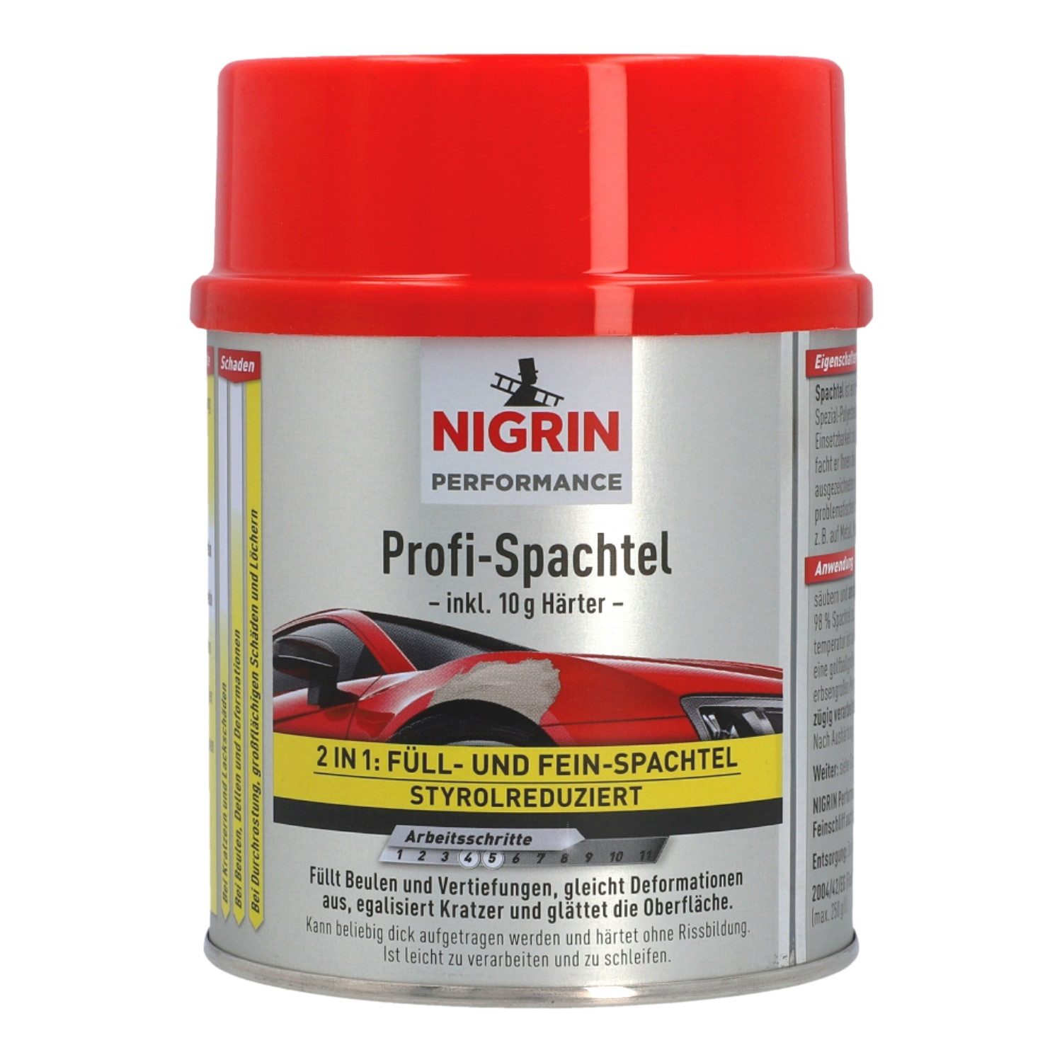 NIGRIN Spachtelmasse 2K Profi Spachtel mit Härter 500g Fein-Spachtel, Fein-Füll-Spachtel Reparatur-Spachtel Spezial-Polyesterharz Universel